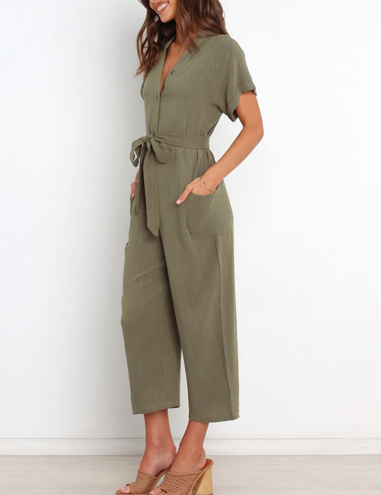 Kissonic Women's Short Sleeve V-Neck Button Down Wide Leg Jumpsuit with Belt - Casual Summer Romper for Beach, Travel & Everyday Wear