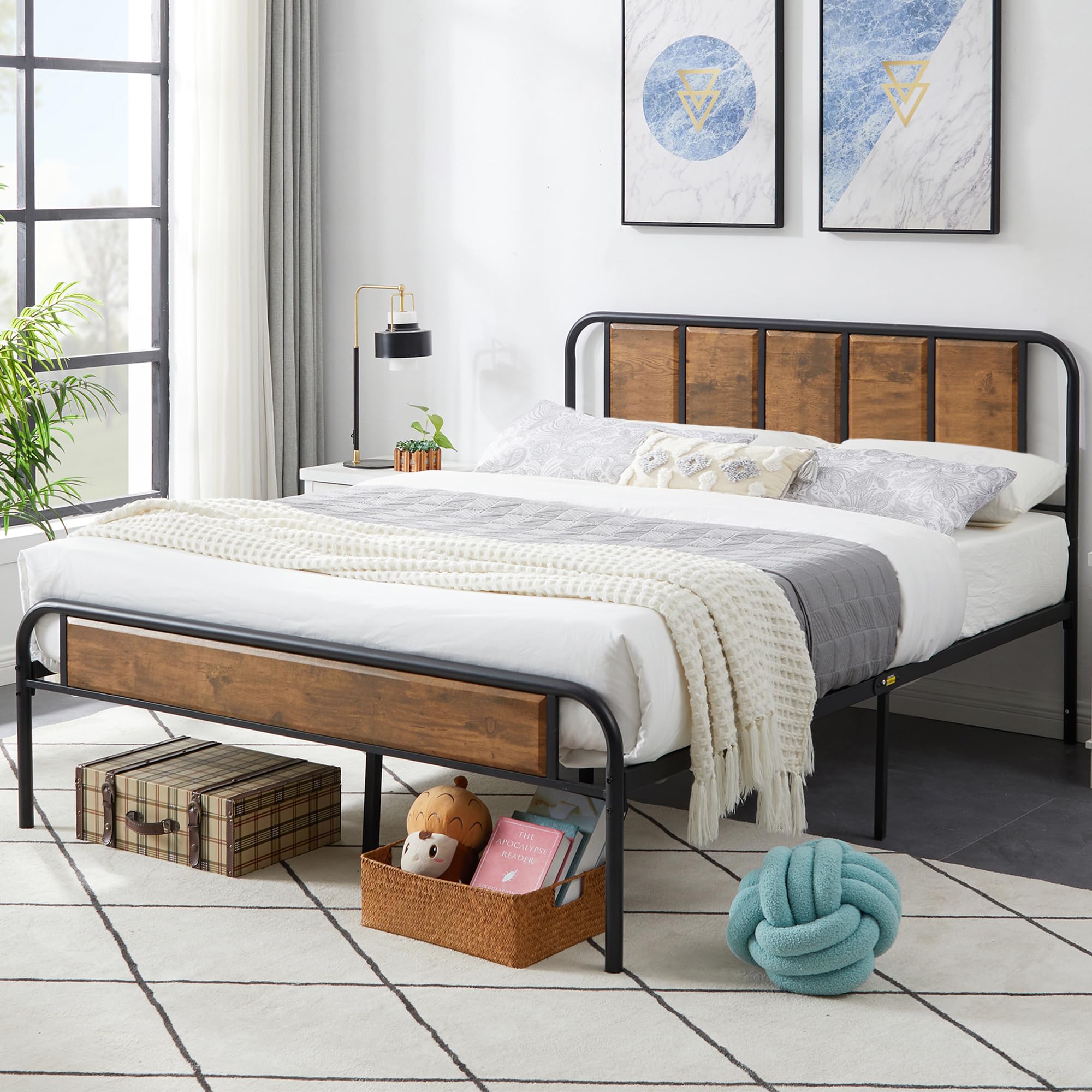 VECELO Queen Size Platform Bed Frame with Wood Headboard - Sturdy Steel Slat Support, No Box Spring Needed - Industrial Brown Bedroom Furniture for Modern Home Decor
