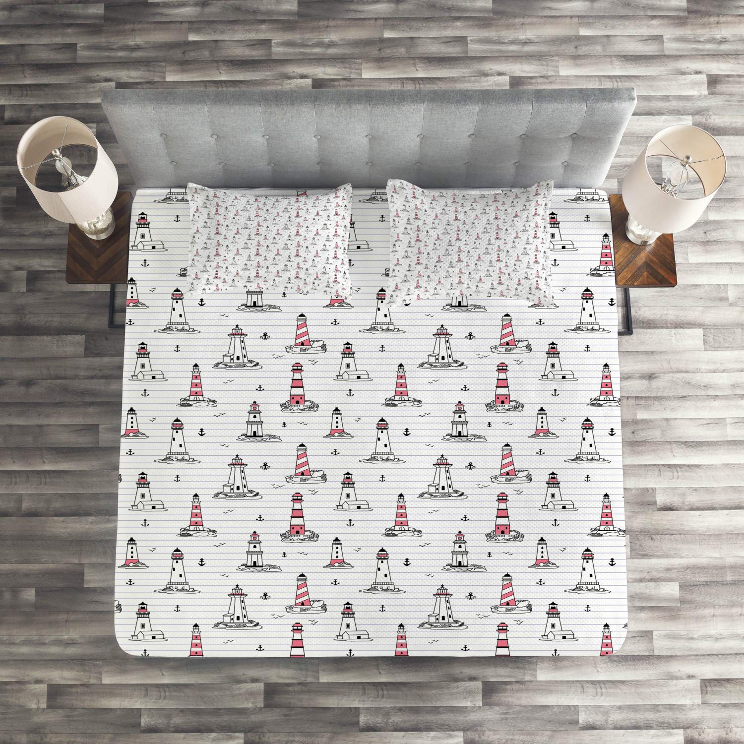 Ambesonne Lighthouse Quilt Set - Nautical Themed Notebook Pattern with Seagulls & Anchors Doodle Design, 3-Piece King Size Bedspread with 2 Pillow Shams in Pink Lilac & Black | Coastal Bedroom Decor, Beach House Styling, Gift for Sea Lovers