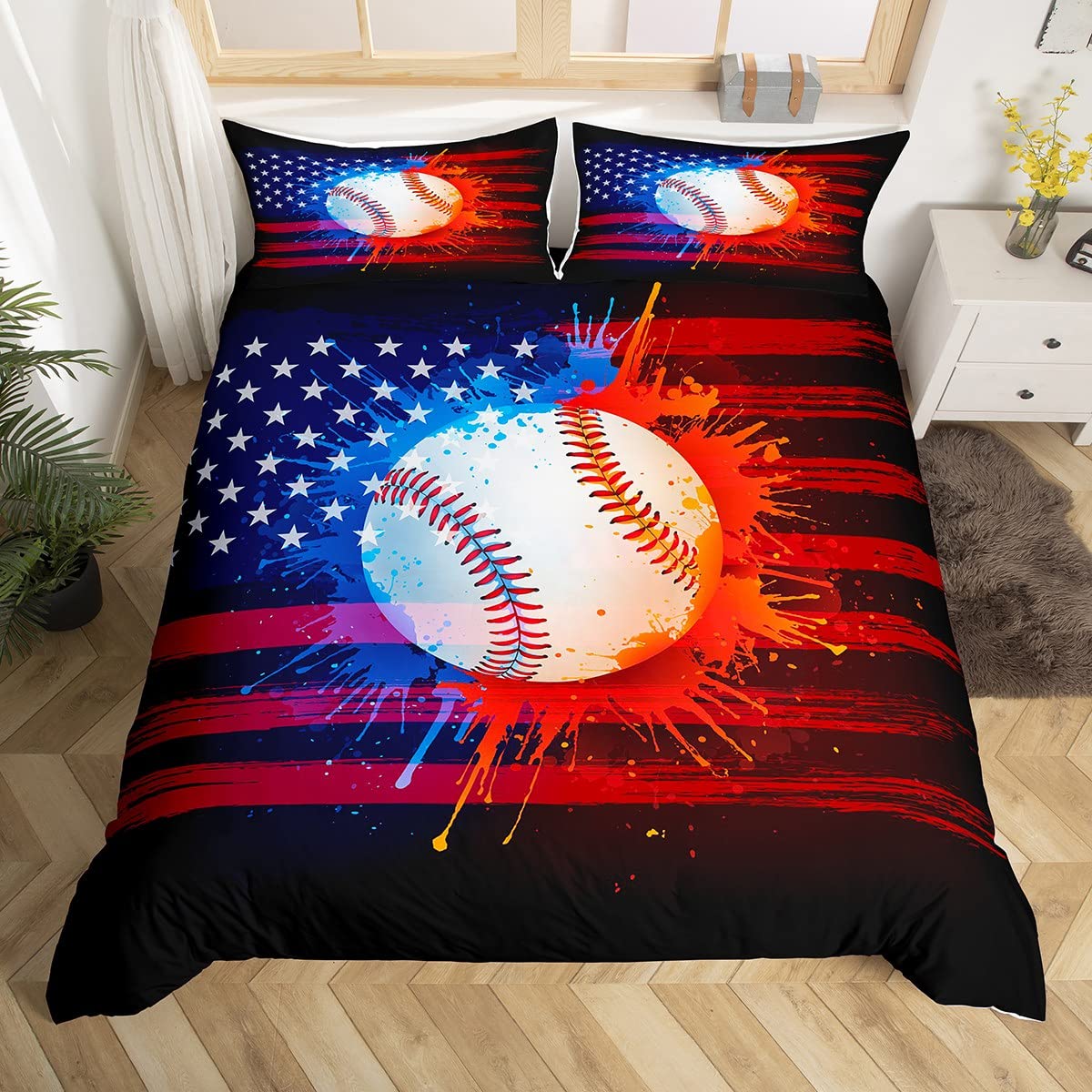 **American Flag Baseball Bedding Set for Teens - Twin Size Cartoon Sports Duvet Cover & Pillowcase (2-Piece) | Watercolor Tie-Dye Design for Boys & Girls | Perfect for Kids' Room, Dorm Decor & Game Day Themed Bedding**