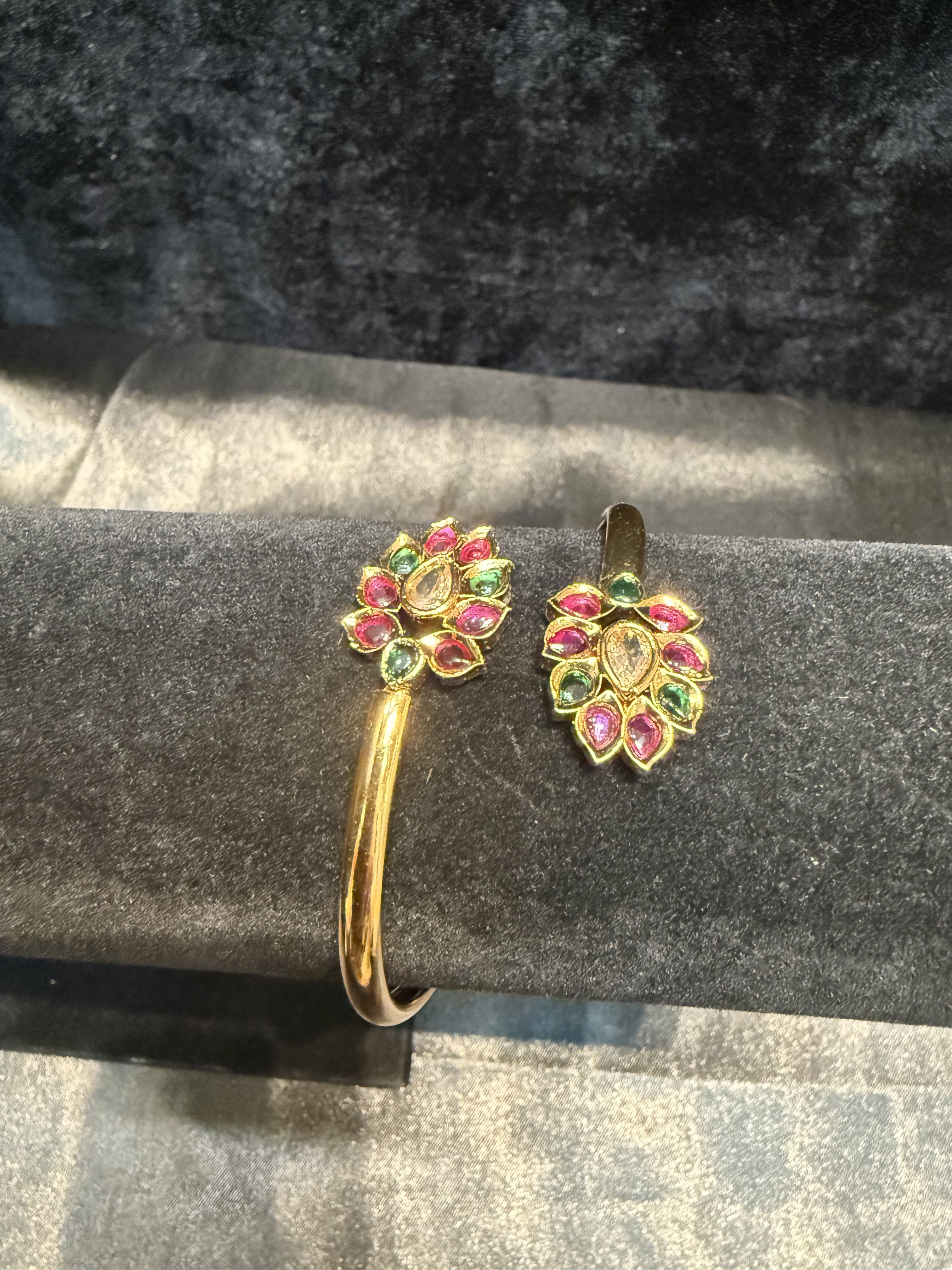 Elegant Gold Plated Bracelet with Pink & Green Stones and Floral Design - Perfect for Parties, Weddings & Special Occasions
