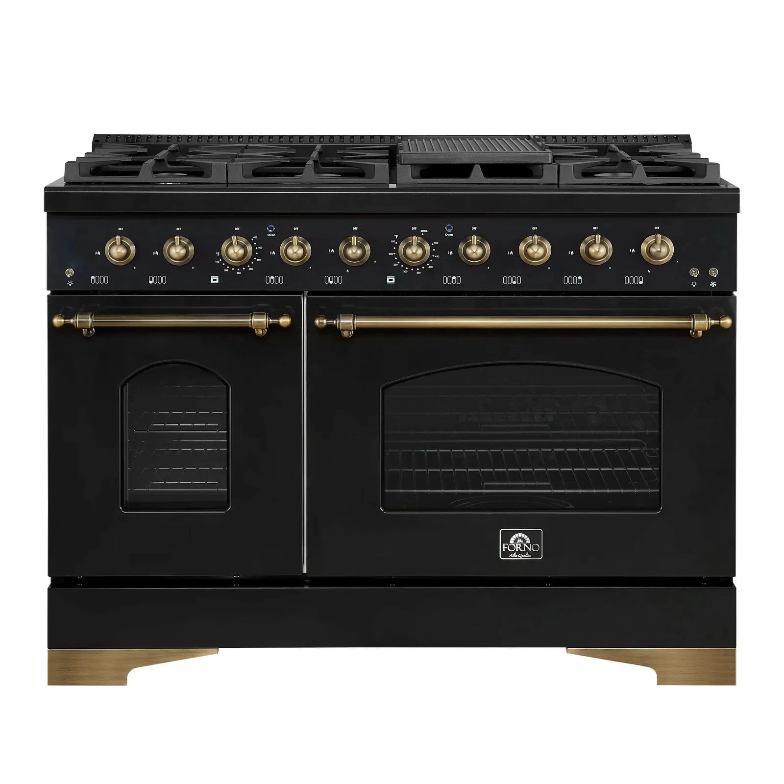 Forno Antico 48-Inch Gas Range with 8 Burners, Gas Convection Oven in Black & Antique Brass Trim - Model FFSGS6219 48BLK | Perfect for Professional Kitchens & Large Family Cooking
