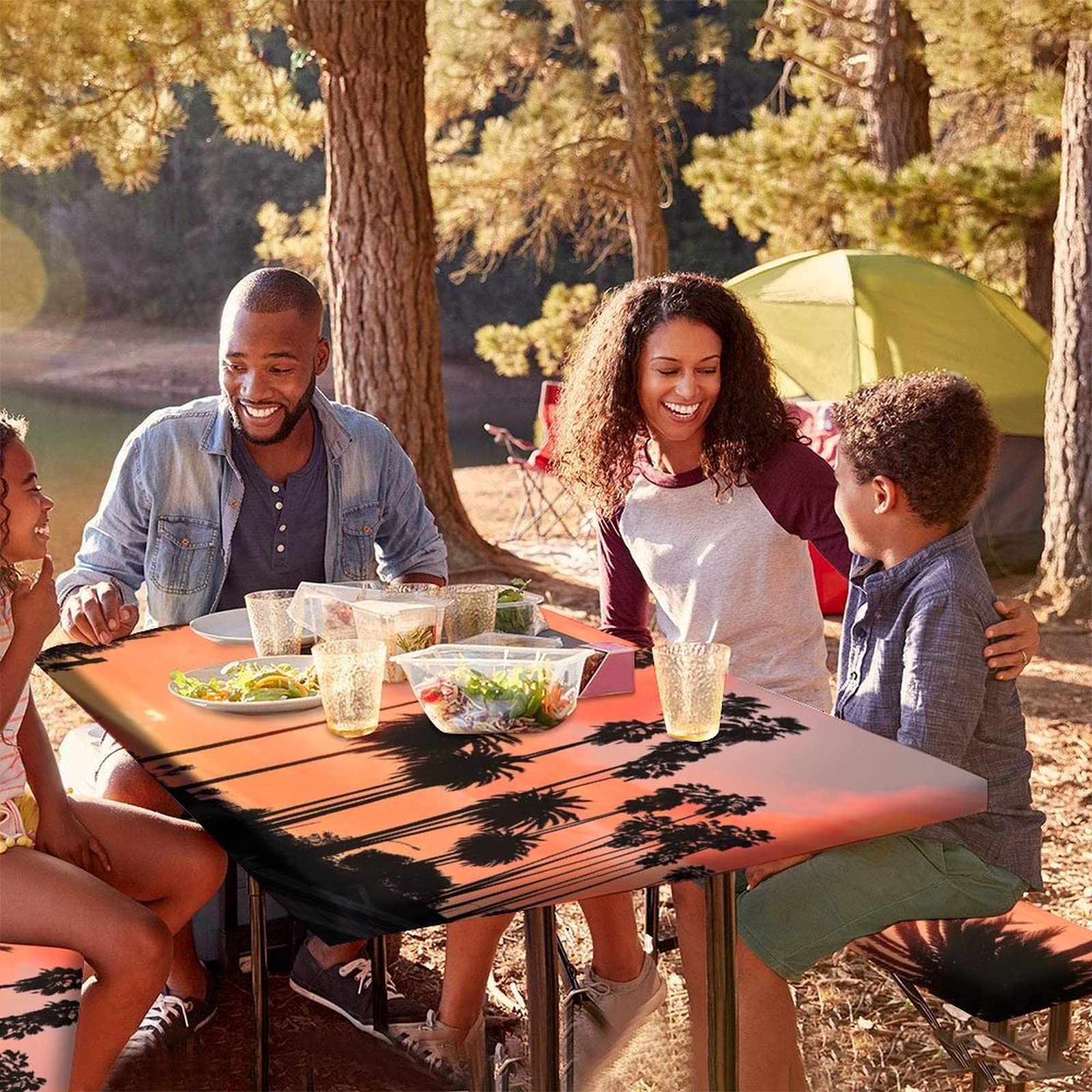 Tropical Sunset Coconut Palm Picnic Table Cover with Bench Covers - 3-Piece Waterproof Outdoor Camping Set (72x28 Inches) for Beach Parties, Backyard BBQs & Indoor Holiday Gatherings
