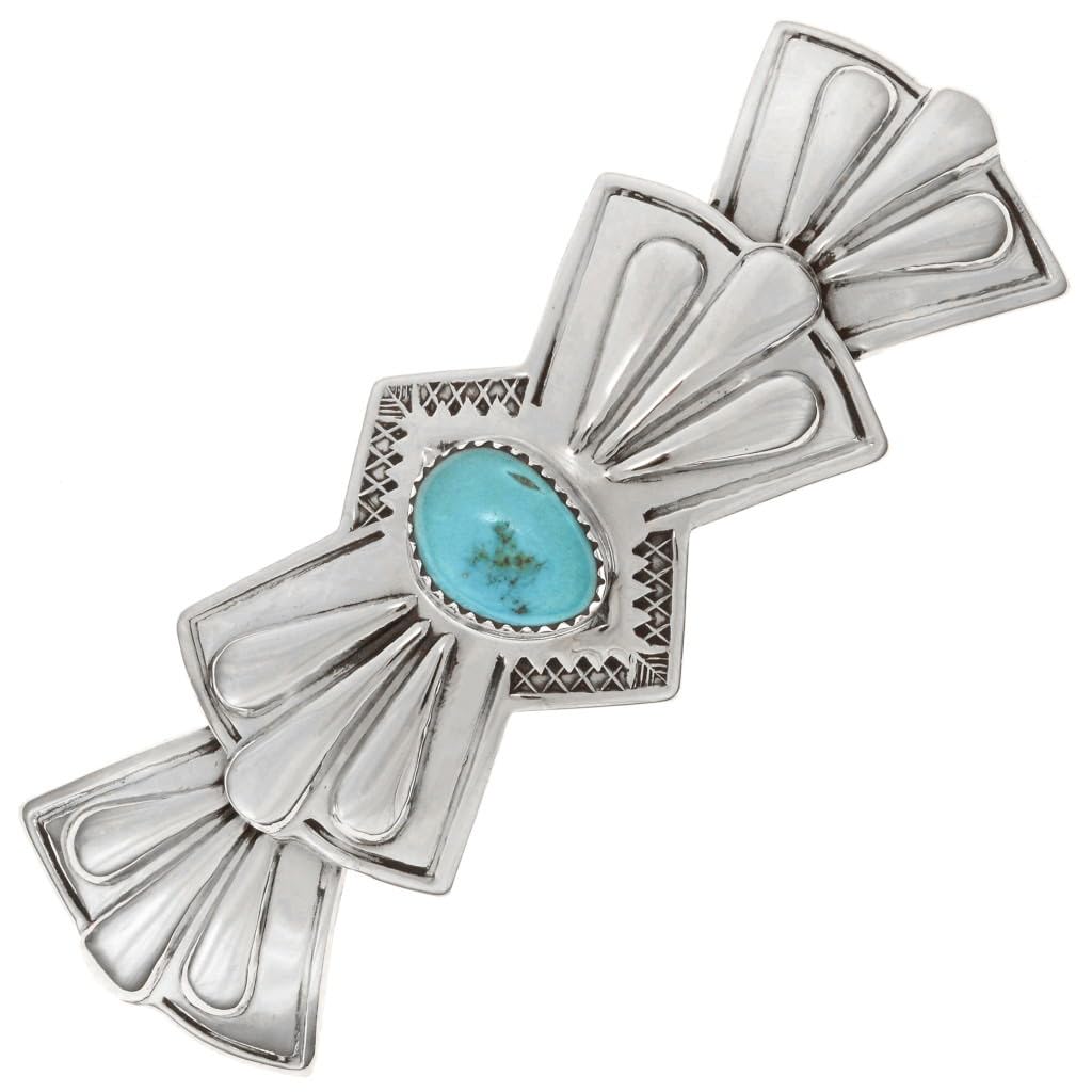Navajo Turquoise Silver Sunray Hair Barrette - Handcrafted Repoussé Design Spring Clip (2943) | Perfect for Boho Weddings, Festivals & Everyday Hair Accessories