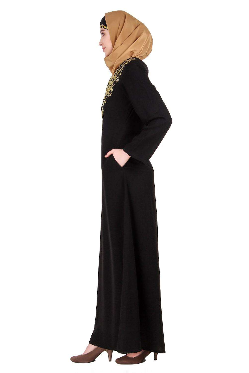 Elegant Gold Floral Embroidered Abaya Dress for Women - Modest Islamic Clothing for Eid, Wedding & Special Occasions