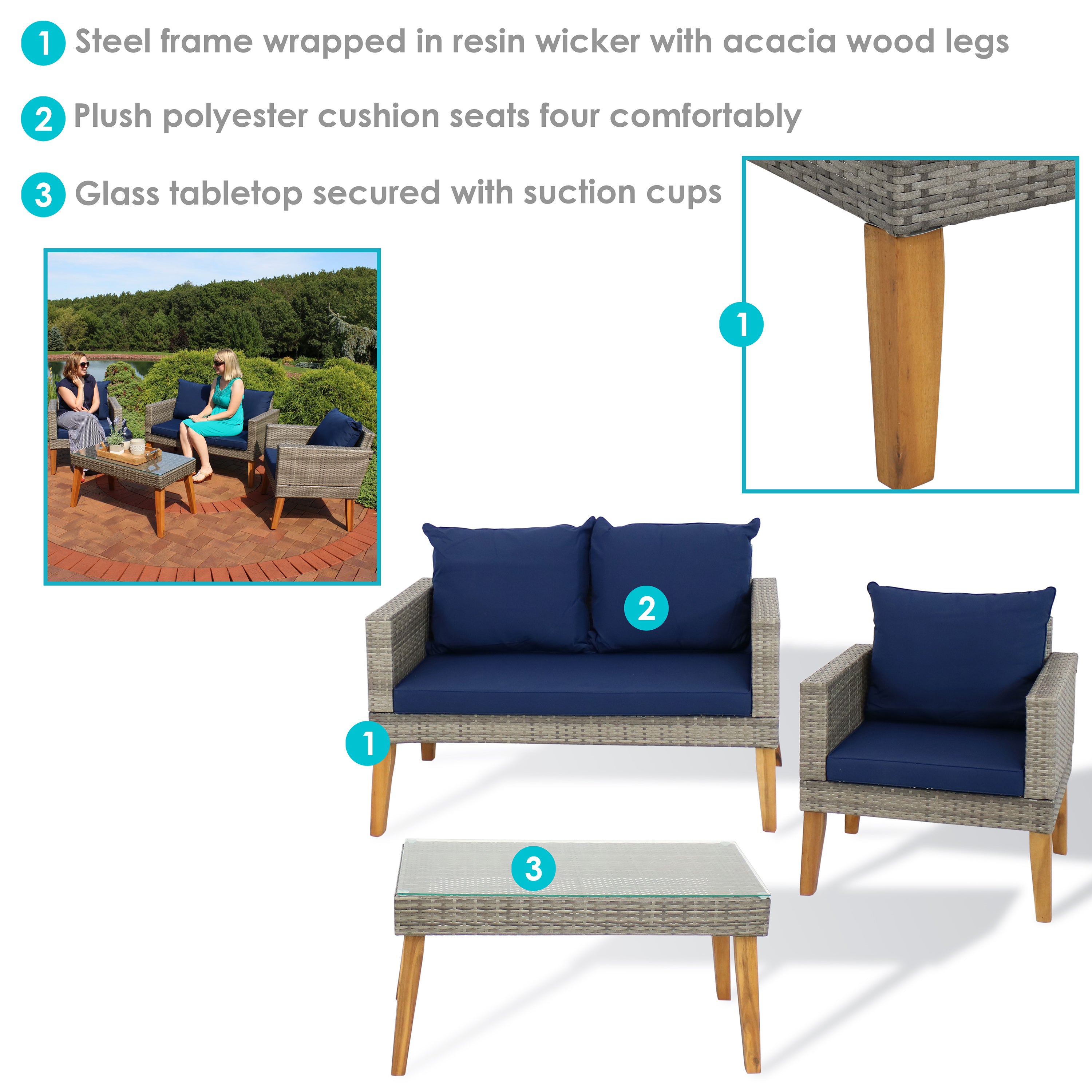 Sunnydaze Clifdon 4-Piece Rattan and Acacia Wood Patio Furniture Set for Outdoor Garden, Poolside, and Backyard Relaxation