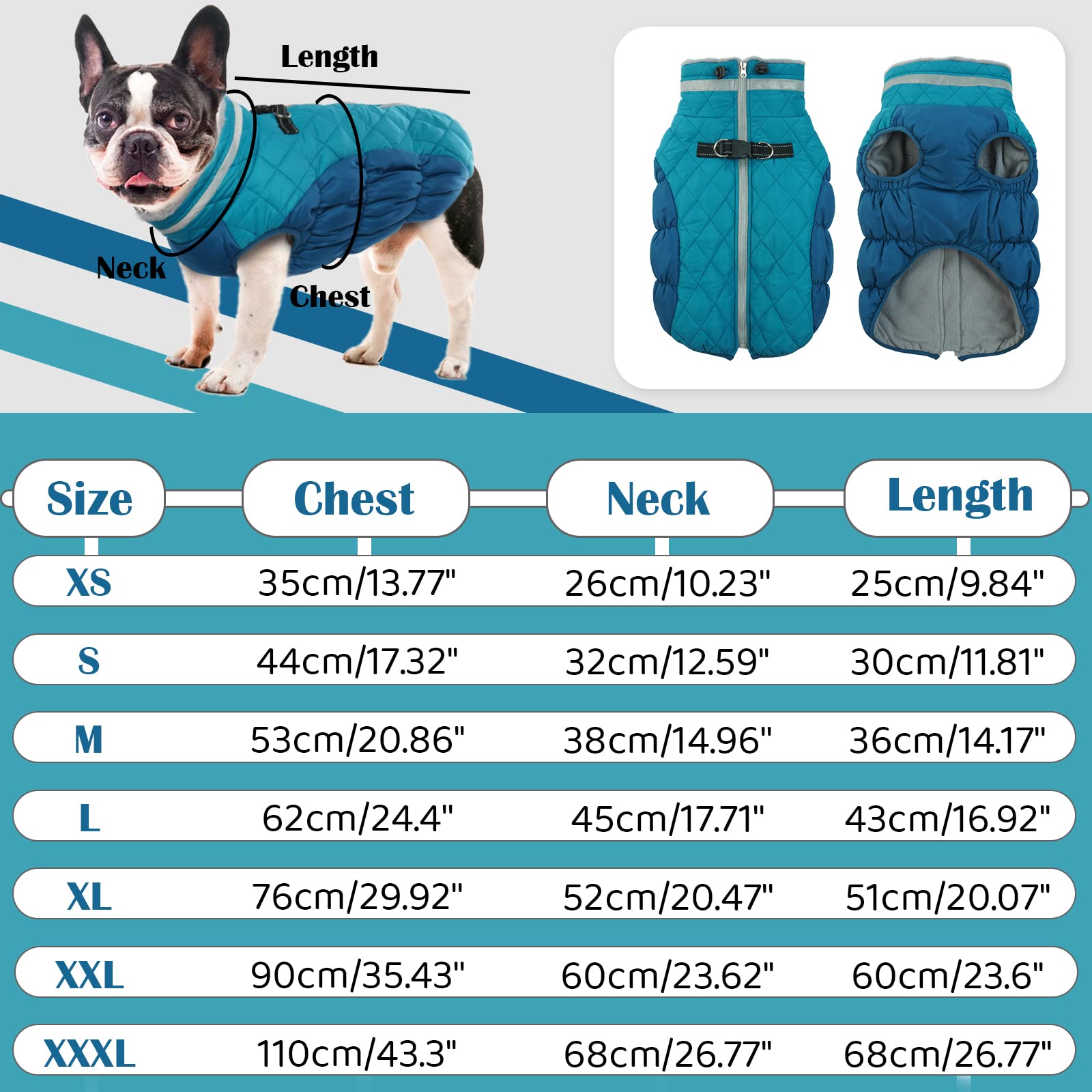Waterproof Winter Dog Coat with Fleece Lining & Back Zipper - Warm Jacket for Large Dogs (French Bulldog, Shiba Inu) - Built-in Harness for Easy Walking - Perfect for Snowy Days & Outdoor Adventures