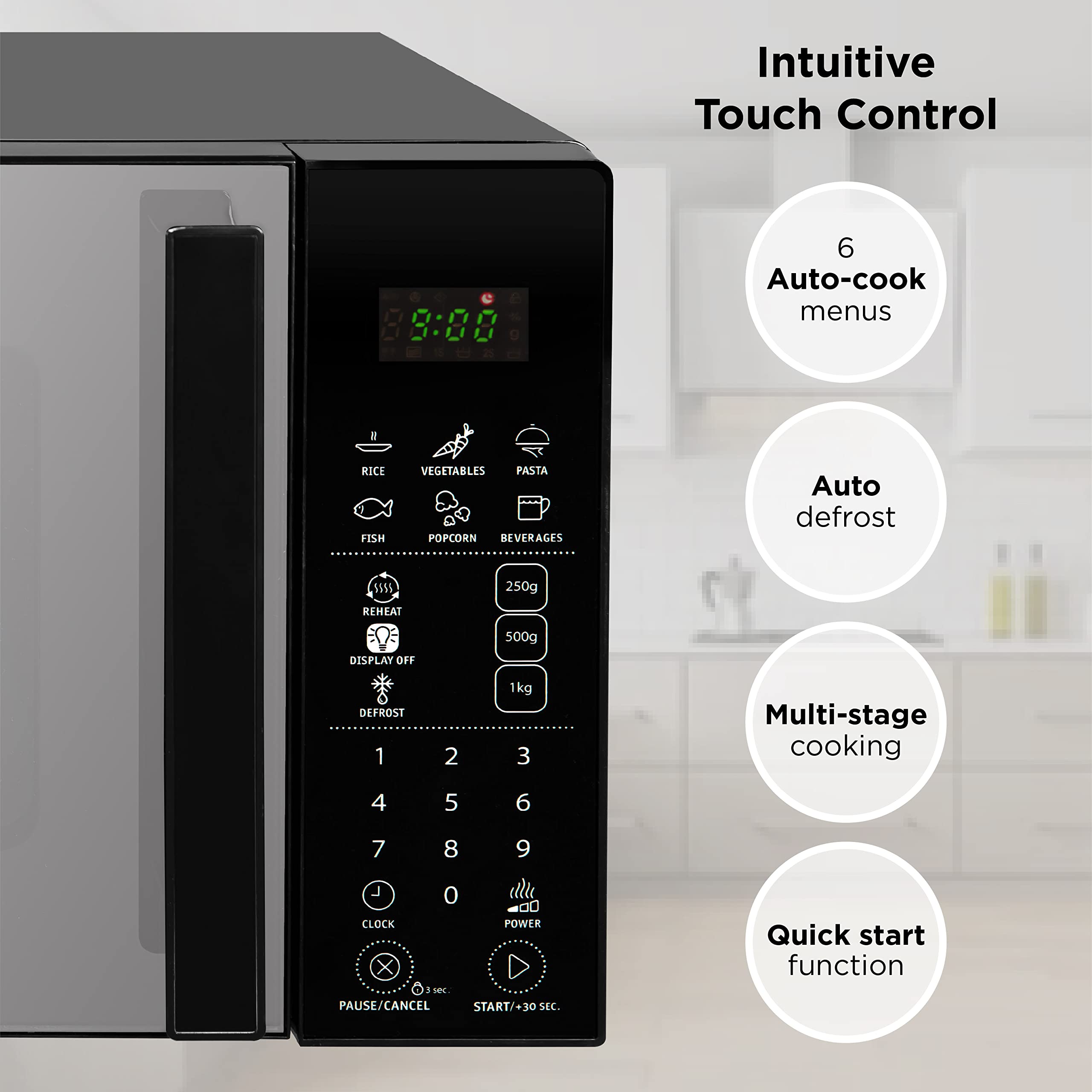 Russell Hobbs RHMT2004B 20L 800W Black Touch Control Digital Microwave Oven - 10 Power Levels, 6 Auto Cook Menus, Defrost Function, Clock & Timer - Perfect for Small Kitchens, Dorms & Offices