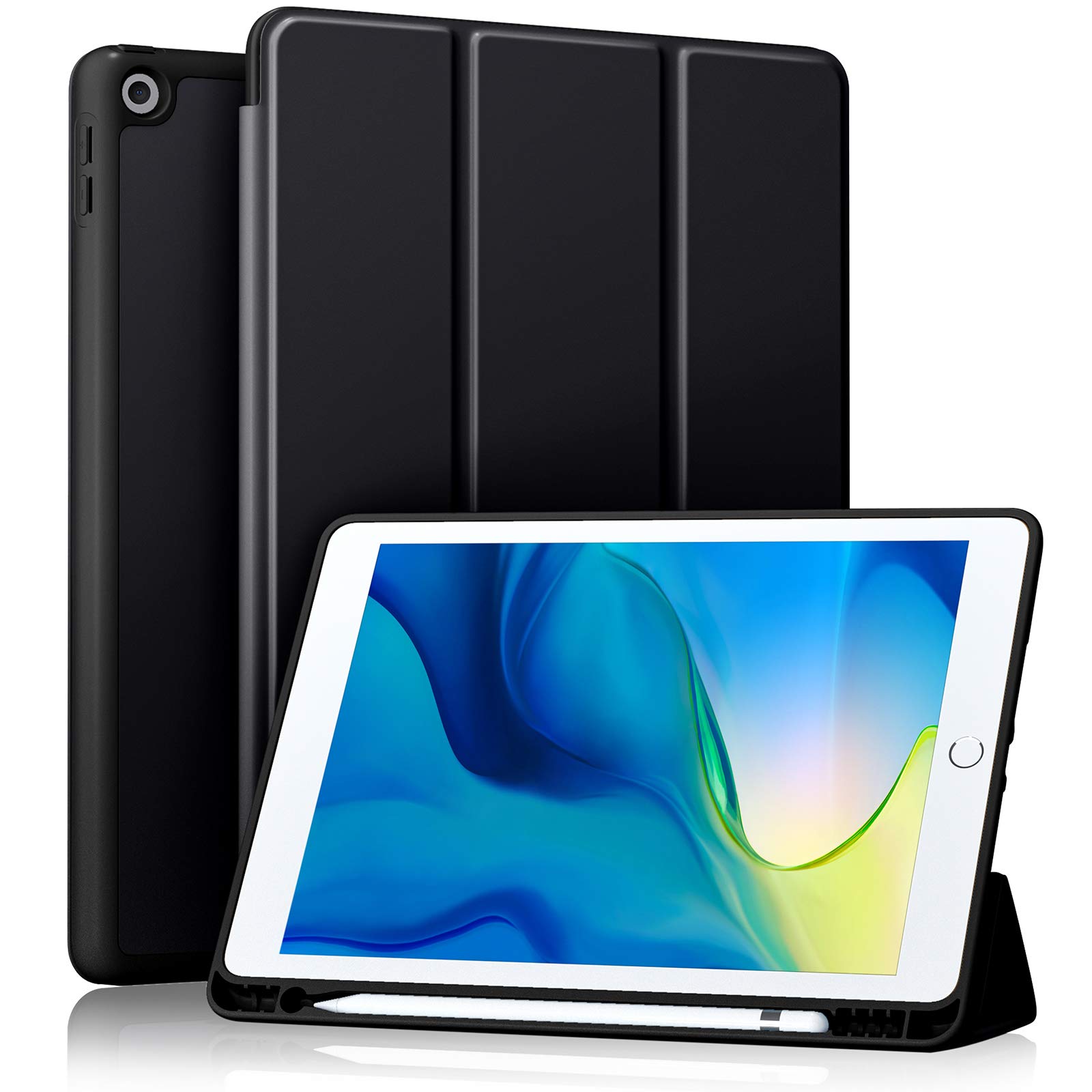 Premium iPad 10.2 Inch Case (2021/2020/2019) for 9th/8th/7th Gen - Shockproof TPU Back with Pencil Holder & Auto Sleep/Wake Cover - Perfect for Work, School & Travel - Black