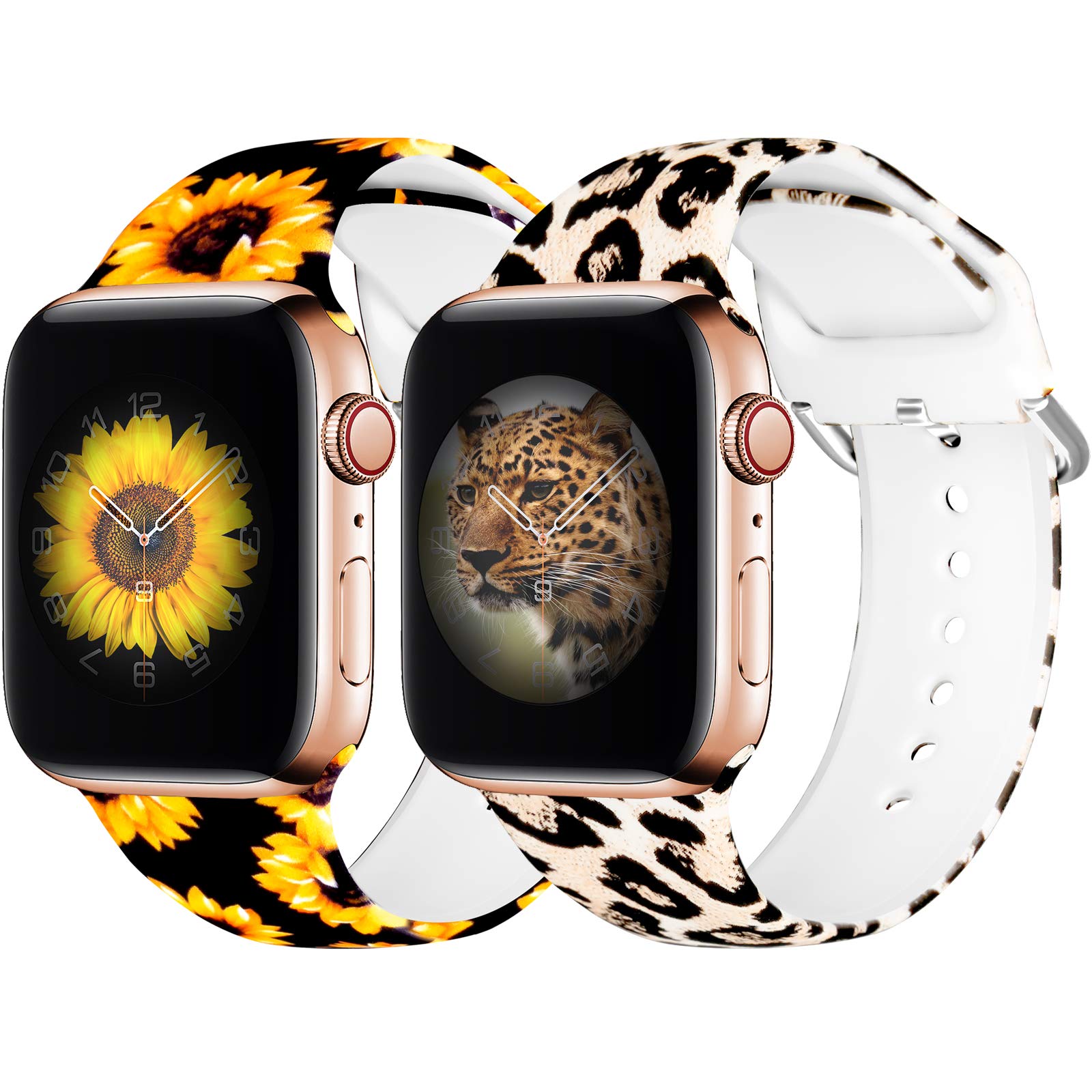 2 Pack Compatible with Apple Watch Bands 38mm 42mm 40mm 44mm 41mm 45mm 49mm - Sport Silicone Fadeless Leopard Print Strap for Women & Girls - Fits iWatch Ultra SE Series 8 7 6 5 4 3 2 1 - Perfect for Workouts, Running & Everyday Fashion Accessory