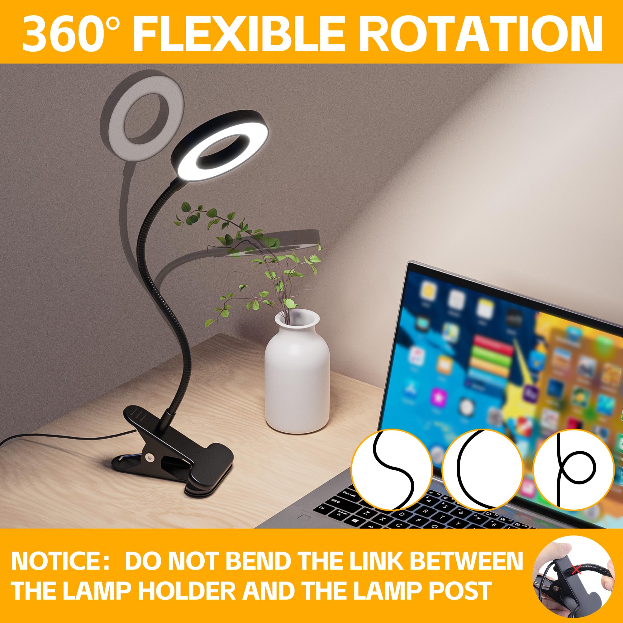 Foneso 48 LED USB Clip On Desk Lamp - 3 Color Modes & 10 Brightness Levels, 360° Adjustable Gooseneck Eye Protection Light for Reading, Studying, Makeup, Office Work, and Nightstand Use