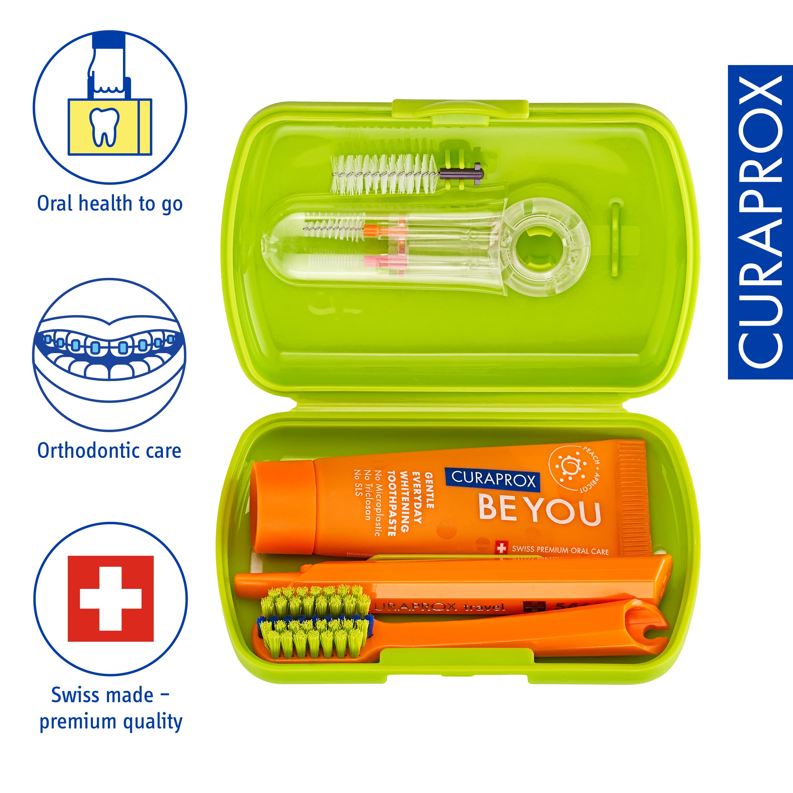 Curaprox Ortho Green Travel Dental Care Set - Toothbrush, Interdental Brush, 10ml Toothpaste & Travel Case | Perfect for On-the-Go Oral Hygiene While Traveling, Camping or Business Trips