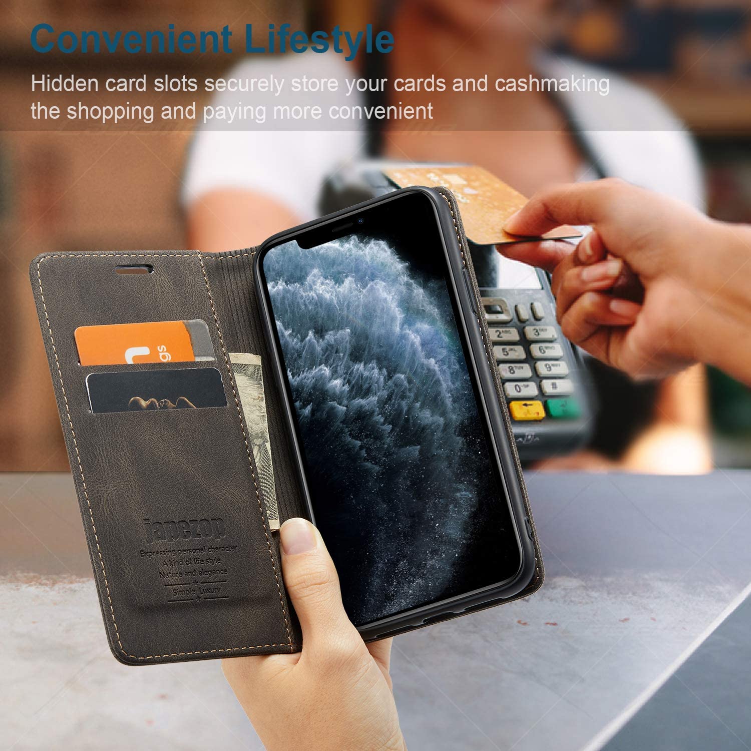 Premium RFID Blocking PU Leather Wallet Case for iPhone 11 Pro Max (6.5 inch) - Magnetic Flip Cover with Card Holder (Coffee) | Perfect for Daily Commute & Business Travel Protection