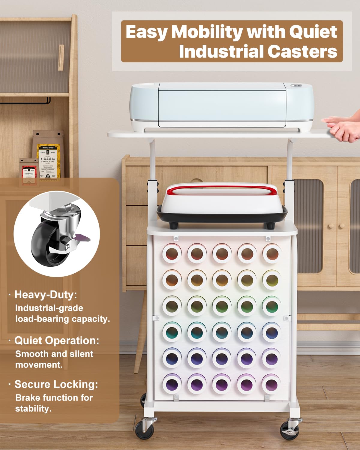 Rolling Craft Cart with Vinyl Roll Holder & Adjustable Height - Craft Storage Organizer Table Compatible with Cricut Machines | Perfect for Scrapbooking, DIY Projects & Craft Room Organization