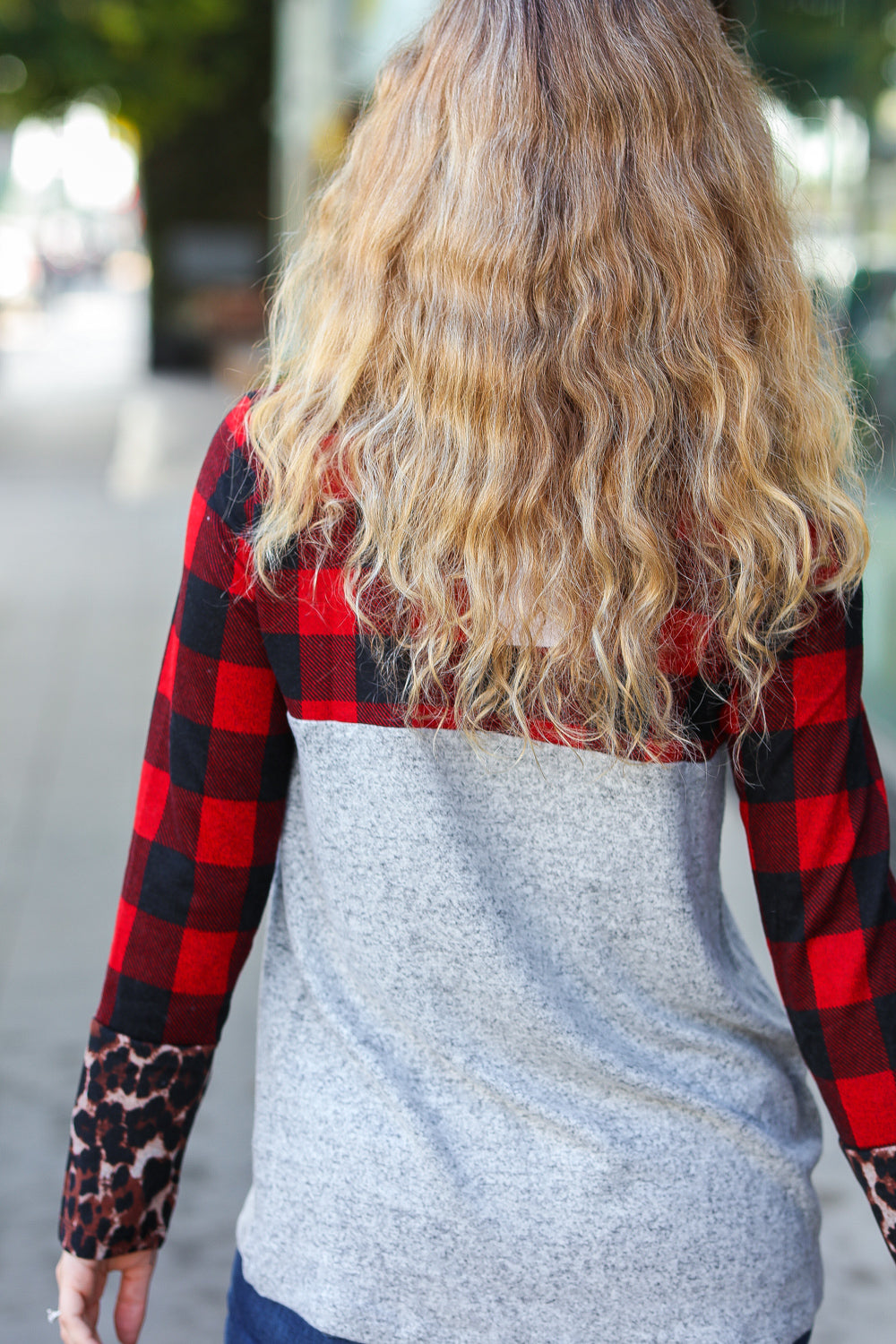 Stylish Grey & Red Plaid Animal Print Women's Top with Pockets - Perfect for Casual Outings, Date Nights, and Office Wear