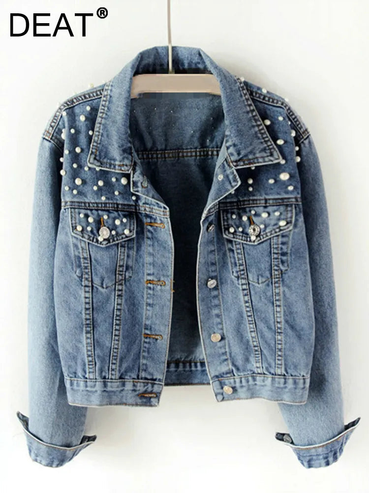 Stylish Women's Denim Jacket with Pearl Buttons - Loose Fit Full Sleeve Short Lapel Jacket for Casual Fall Outfits | Perfect for Autumn Layering, Weekend Wear & Street Style Fashion