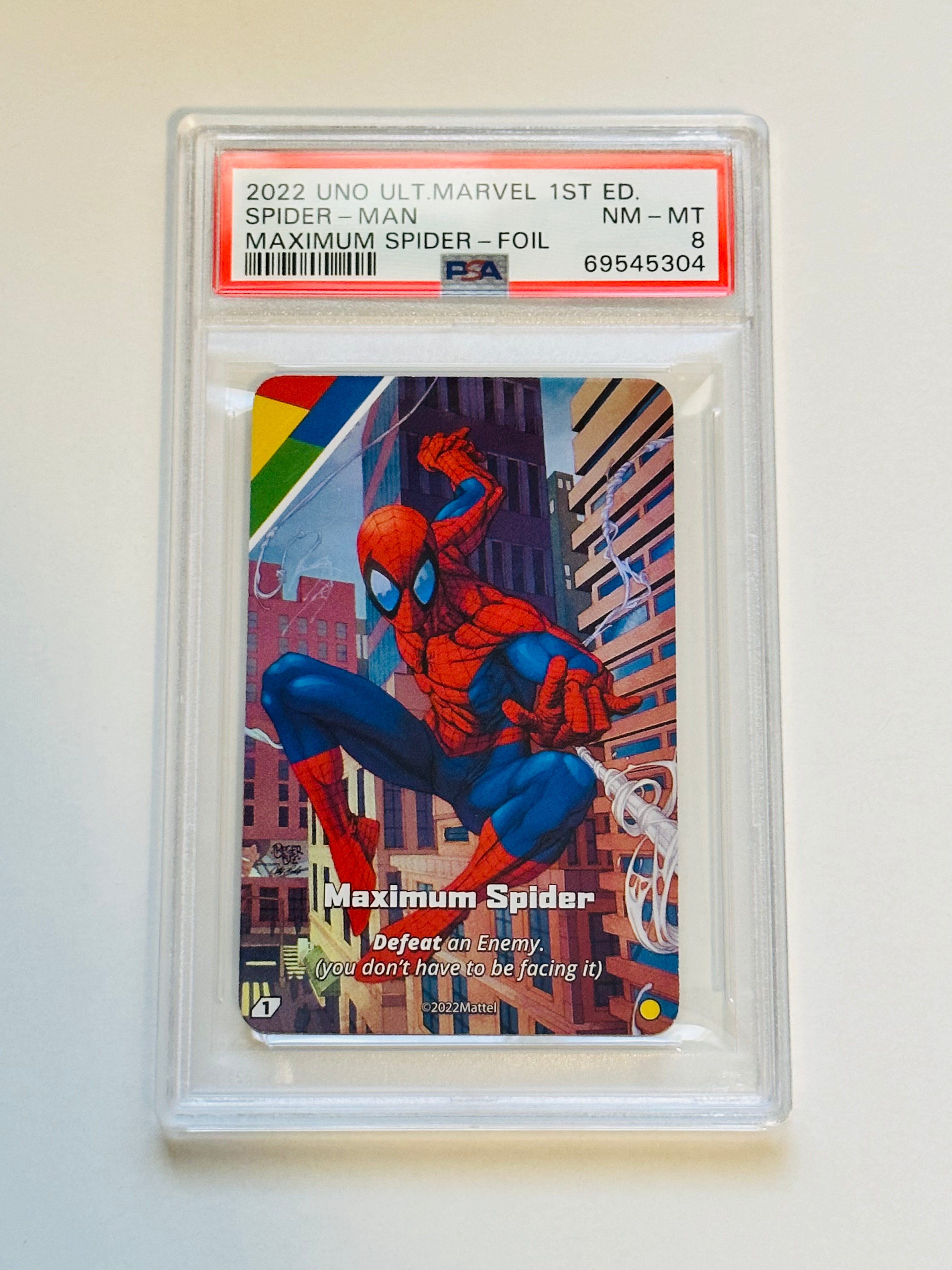 Spider-Man Uno 1st Edition Trading Card PSA 8 Graded - Rare Collectible for Marvel Fans & Card Game Enthusiasts - Perfect for Display, Investment & Gaming Collections