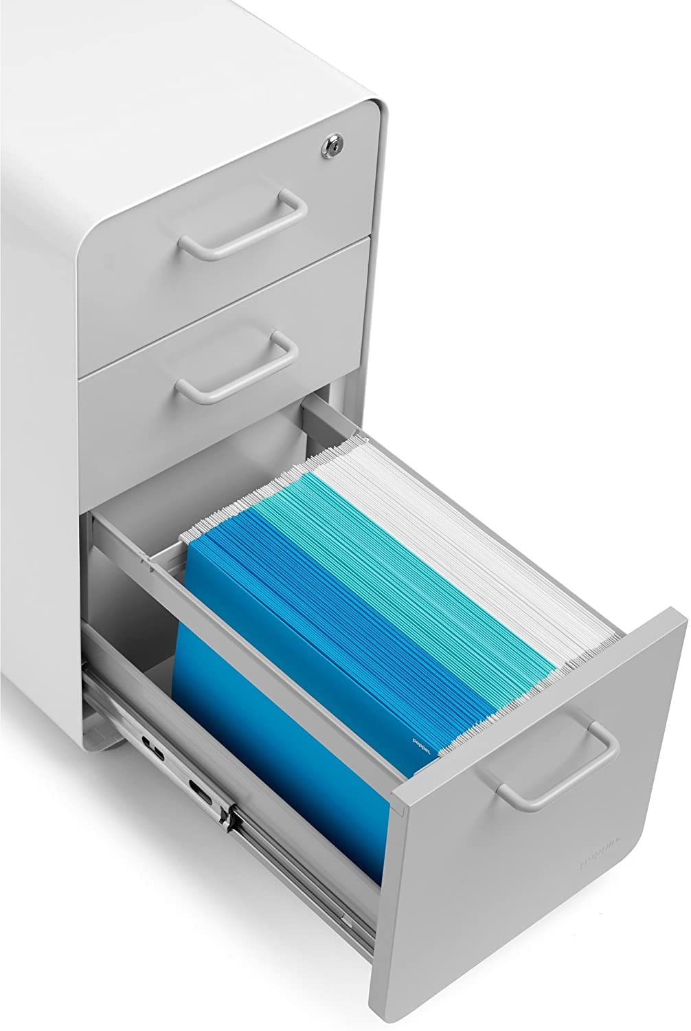 Poppin Slim Stow 3-Drawer File Cabinet - White & Light Gray | 2 Utility Drawers + 1 Hanging File Drawer | Powder-Coated Steel Office Storage | for Home Office, Workspace & Classroom Organization