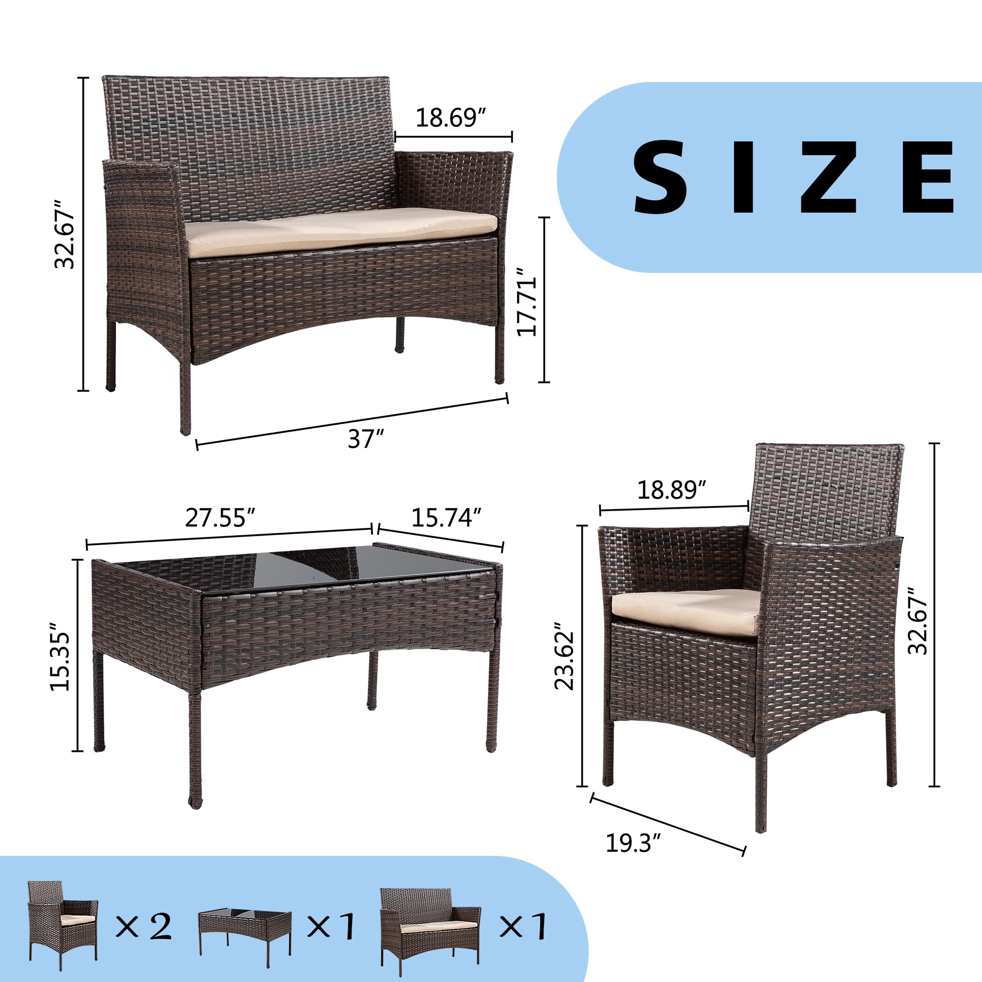 JAMFLY 4-Piece Brown Wicker Patio Furniture Set with Tempered Glass Coffee Table - Outdoor Rattan Conversation Set for Backyard, Porch, Garden, Poolside, Balcony - Perfect for Relaxing, Entertaining, and Lounging Outdoors
