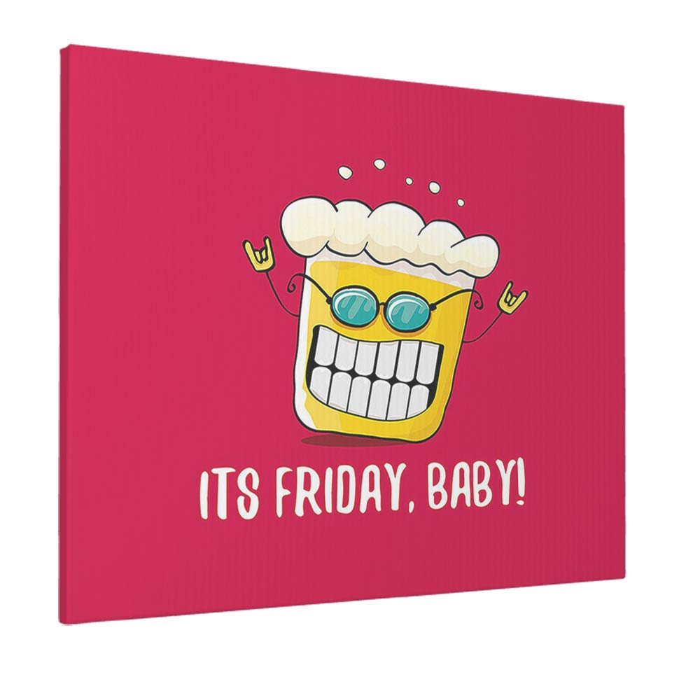 Funny Beer Wall Art Print - Cartoon Beer with White Teeth & Glasses Bubble Saying 'It's Friday' - Large 20x16 Inch Canvas Painting for Bathroom, Bar, Man Cave or Office Decor - Perfect Gift for Men & Women