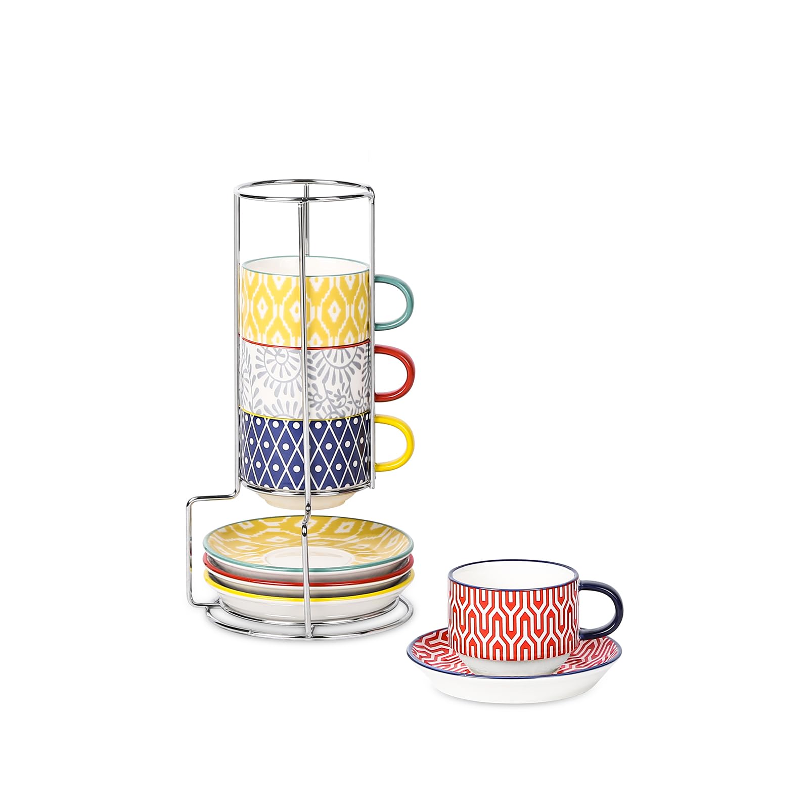 Premium Selamica Ceramic Espresso Cups Set - 4oz Stackable Demitasse Cups with Saucers & Metal Stand for Latte, Cappuccino, Mocha & Tea (Set of 4, Assorted Colors) - Perfect for Home Coffee Bars, Cafés & Gift Giving