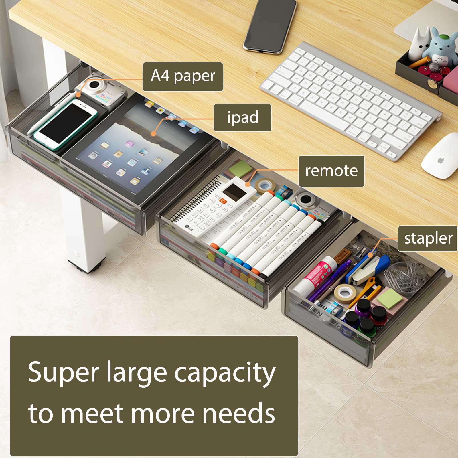 2 Pack Under Desk Drawer Organizer - Slide Out Storage Tray with Self-Adhesive, Hidden Desktop Organizer for Office Supplies, School & Home Essentials (Black) | Perfect for Small Space Organization in Office, Study Room or Kitchen