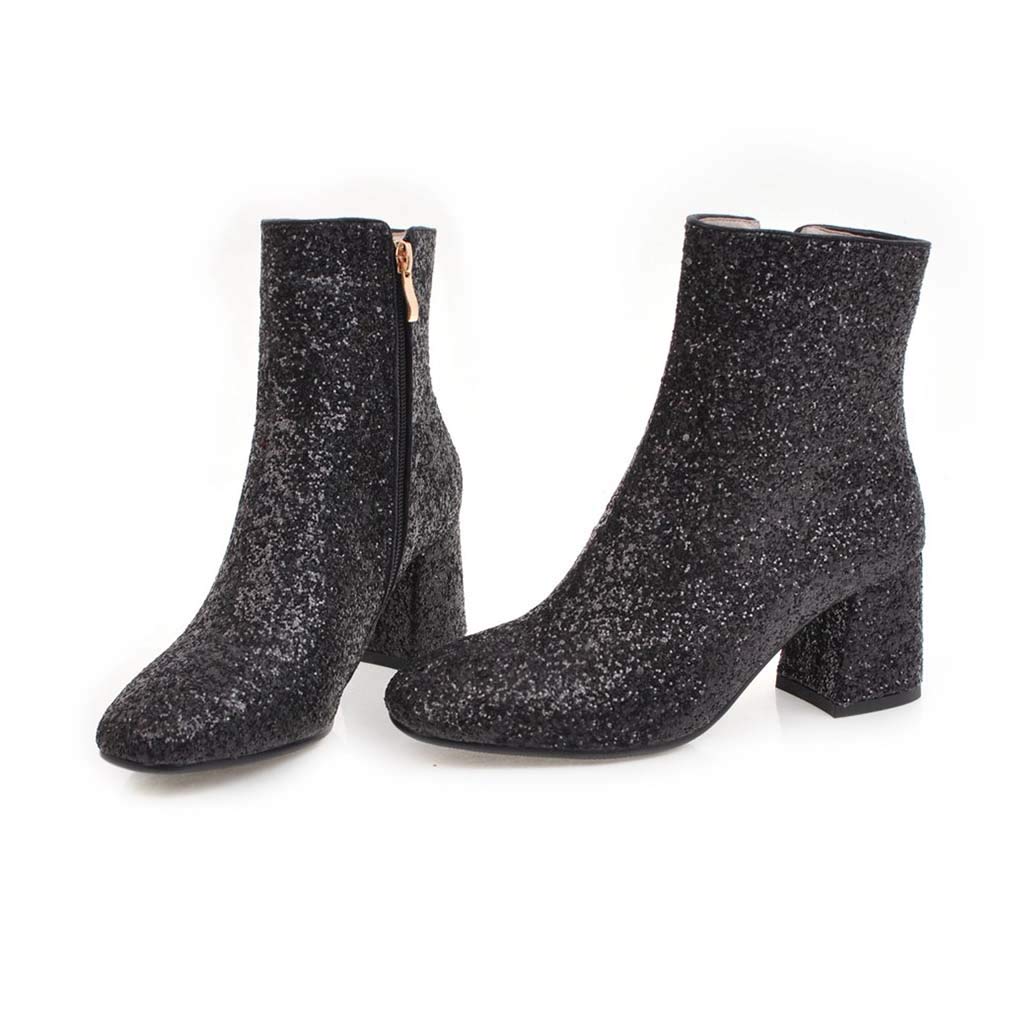 Elyffany Women's Mid Block Heel Glitter Ankle Boots with Zipper - Stylish Party Prom Booties for Ladies | Perfect for Night Out, Club, Wedding & Special Occasions