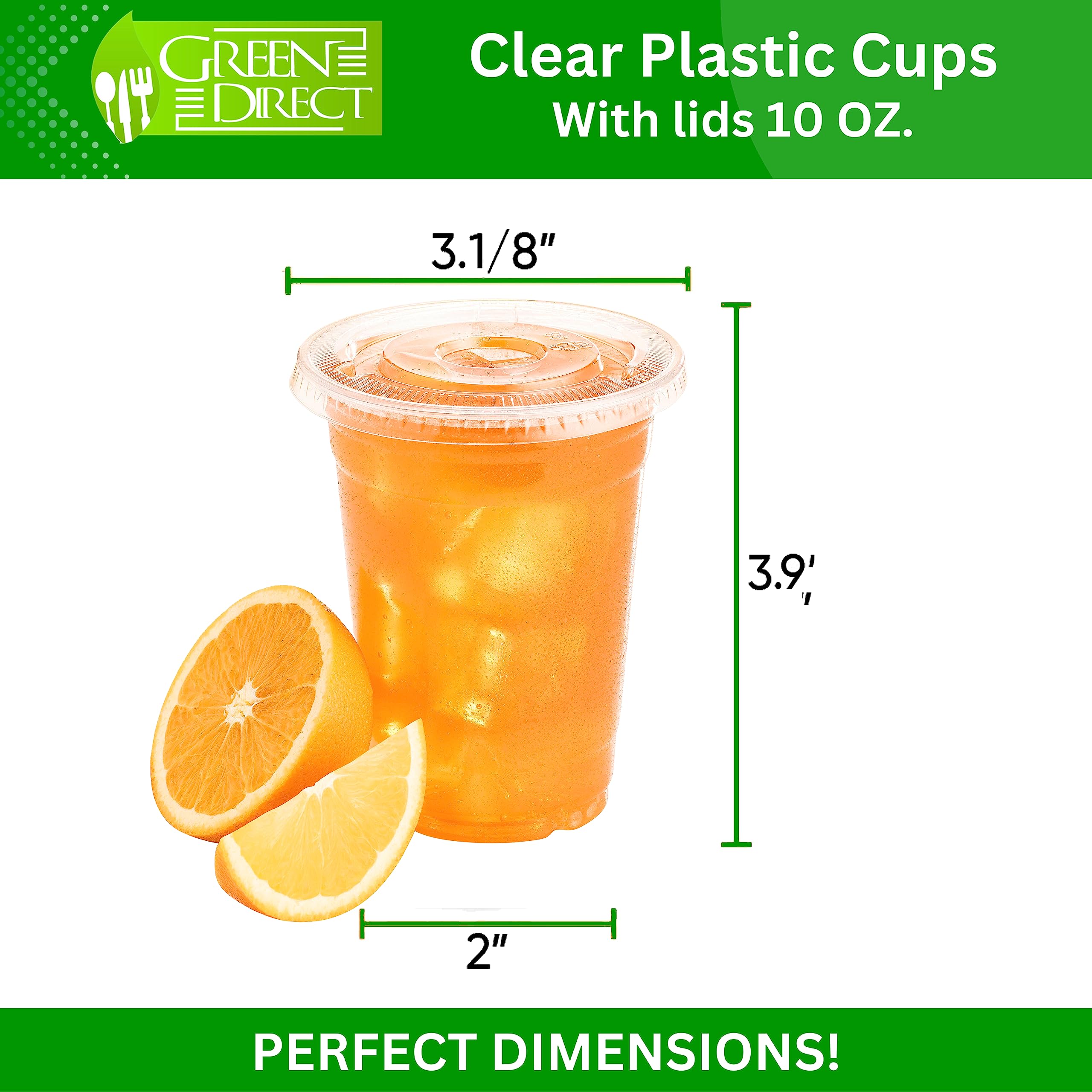 Green Direct 10 oz. Clear Disposable Plastic Cups with Lids - Bulk Pack of 50 Sets for Iced Coffee, Bubble Tea, Smoothies & Cold Drinks | Perfect for Parties, Cafes & Takeout