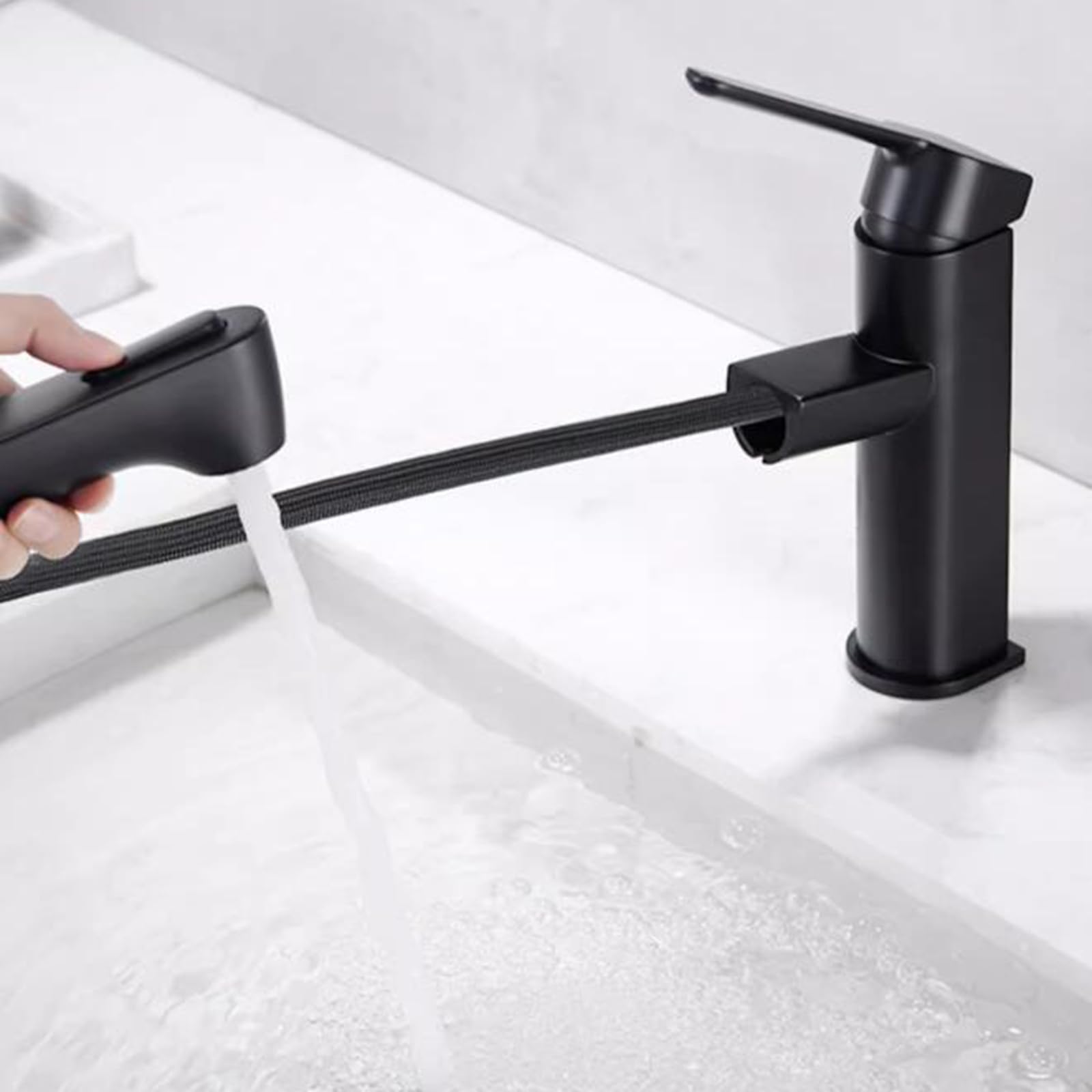 Black Basin Faucet with Pull-Out Sprayer - Brass Bathroom Sink Mixer Tap with Retractable Spray Head for Modern Vanities | Perfect for Bathroom Renovation & Kitchen Sink Upgrades