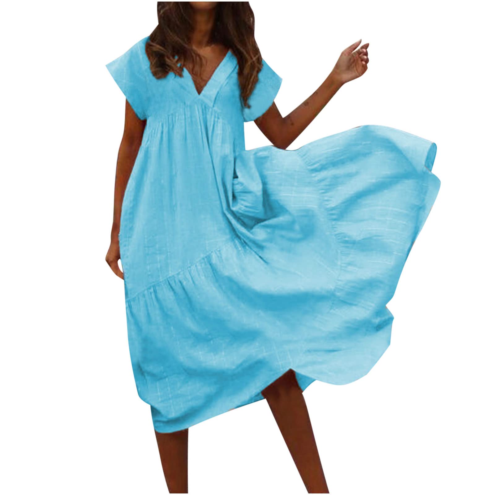 Women's Casual Summer Dress - Solid Color V-Neck Short Sleeve High Waist Loose Fit Irregular Hem Beach Dress for Outdoor, Vacation & Daily Wear