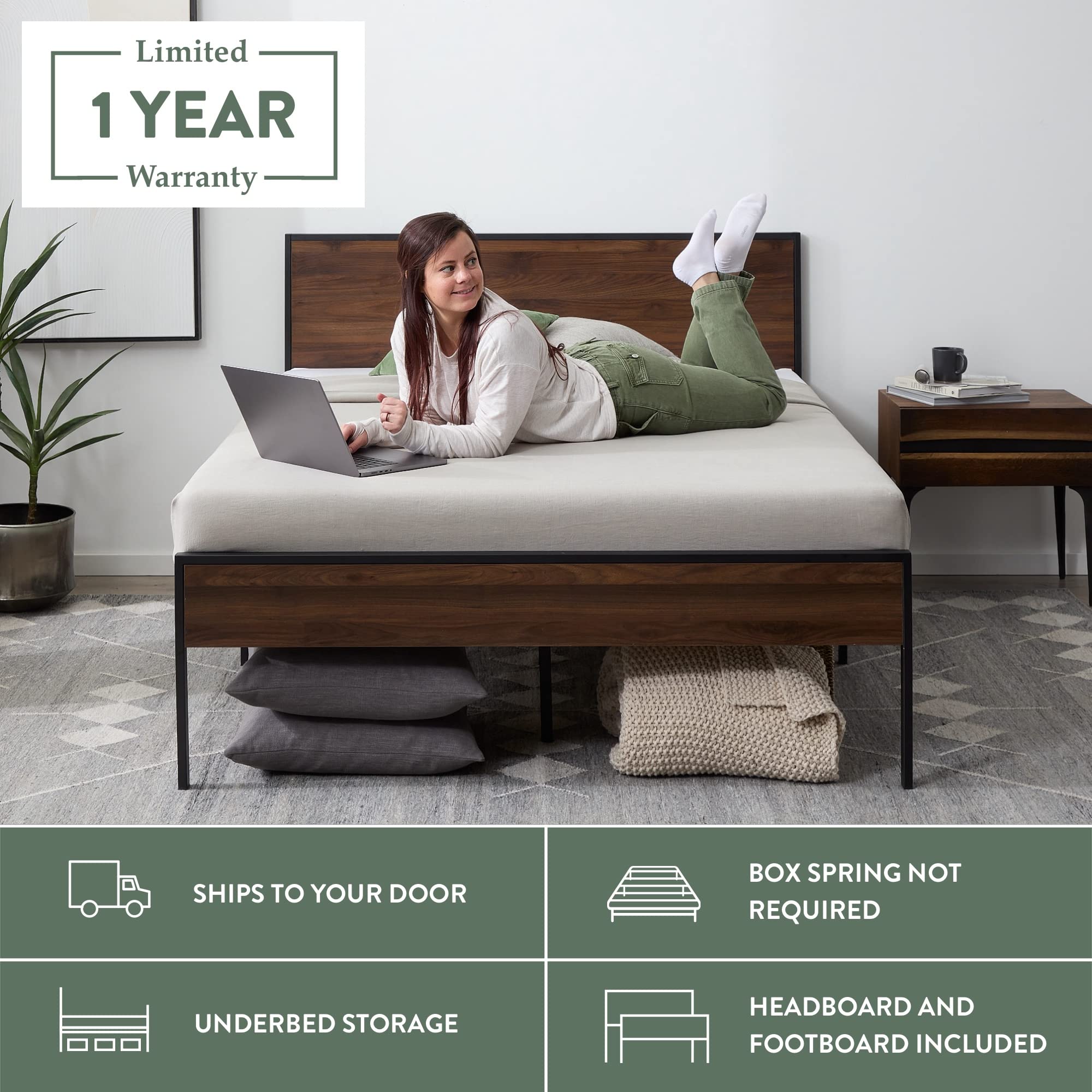 Edenbrook Queen Size Metal Platform Bed Frame with Wood Headboard & Footboard - Brown Oak Finish - No Box Spring Needed - Perfect for Modern & Farmhouse Bedrooms