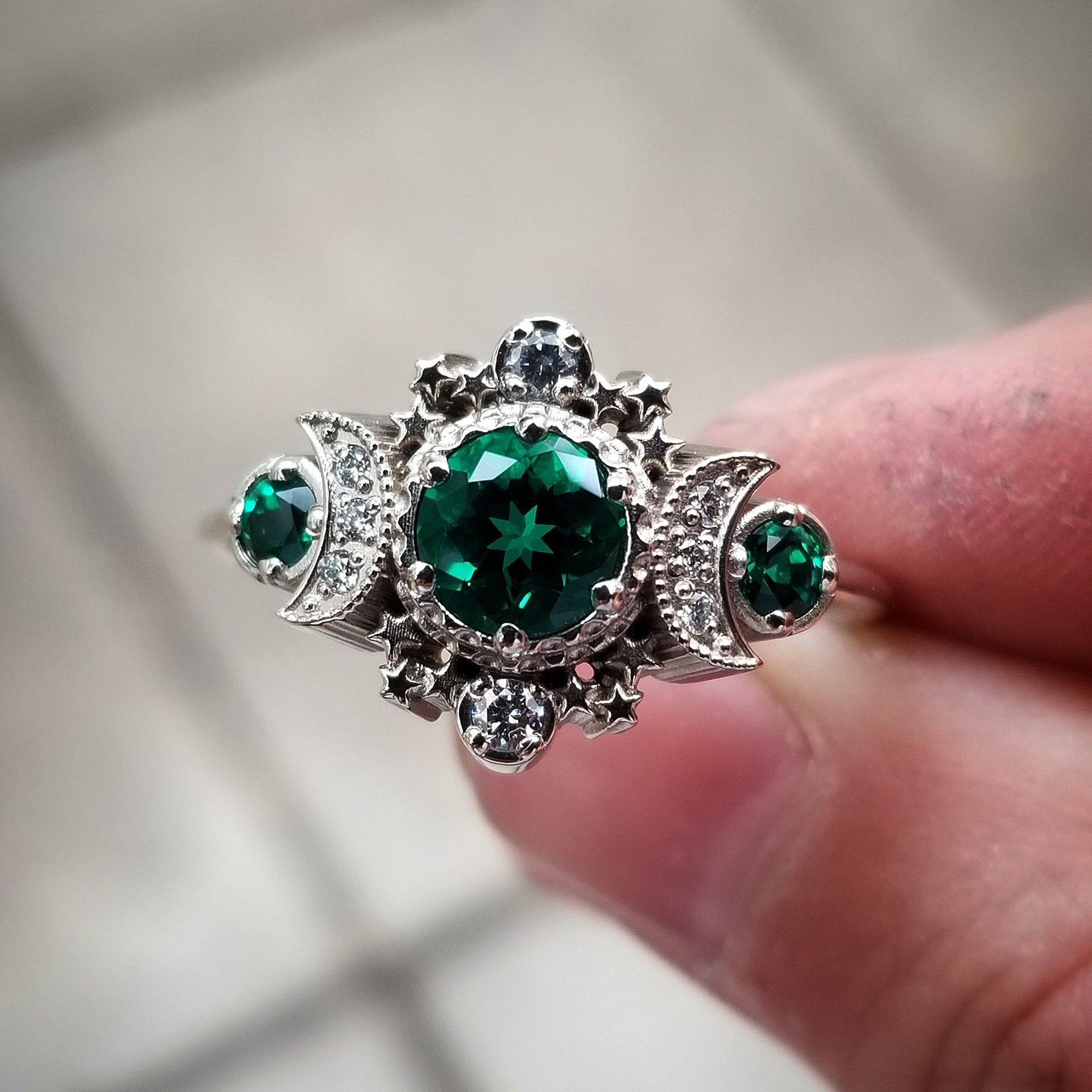 Chatham Emerald & Diamond Moon Phase Engagement Ring in Rose, Yellow, or White Gold - Boho Celestial Jewelry for Weddings & Proposals