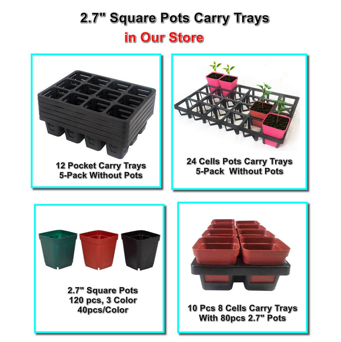 5 Pack Square Nursery Pot Trays - 24 Cells Each (120 Total) | Durable Plastic Plant Trays for Flower Pots | Seed Starting & Transplanting | Perfect for Indoor Gardening, Greenhouses & Plant Nurseries