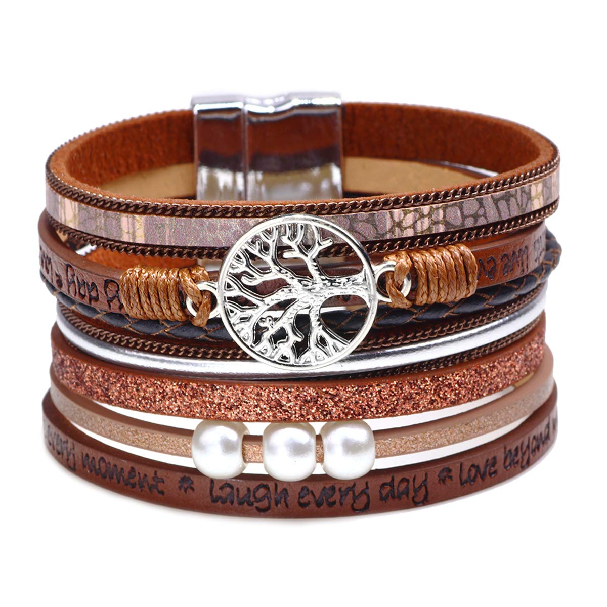 Boho Leather Wrap Bracelet with Tree of Life & Pearl Crystal Beads - Magnetic Clasp Adjustable Cuff Bracelet for Women & Teens | Unique Inspirational Jewelry Gift for Birthday, Friendship, or Everyday Wear