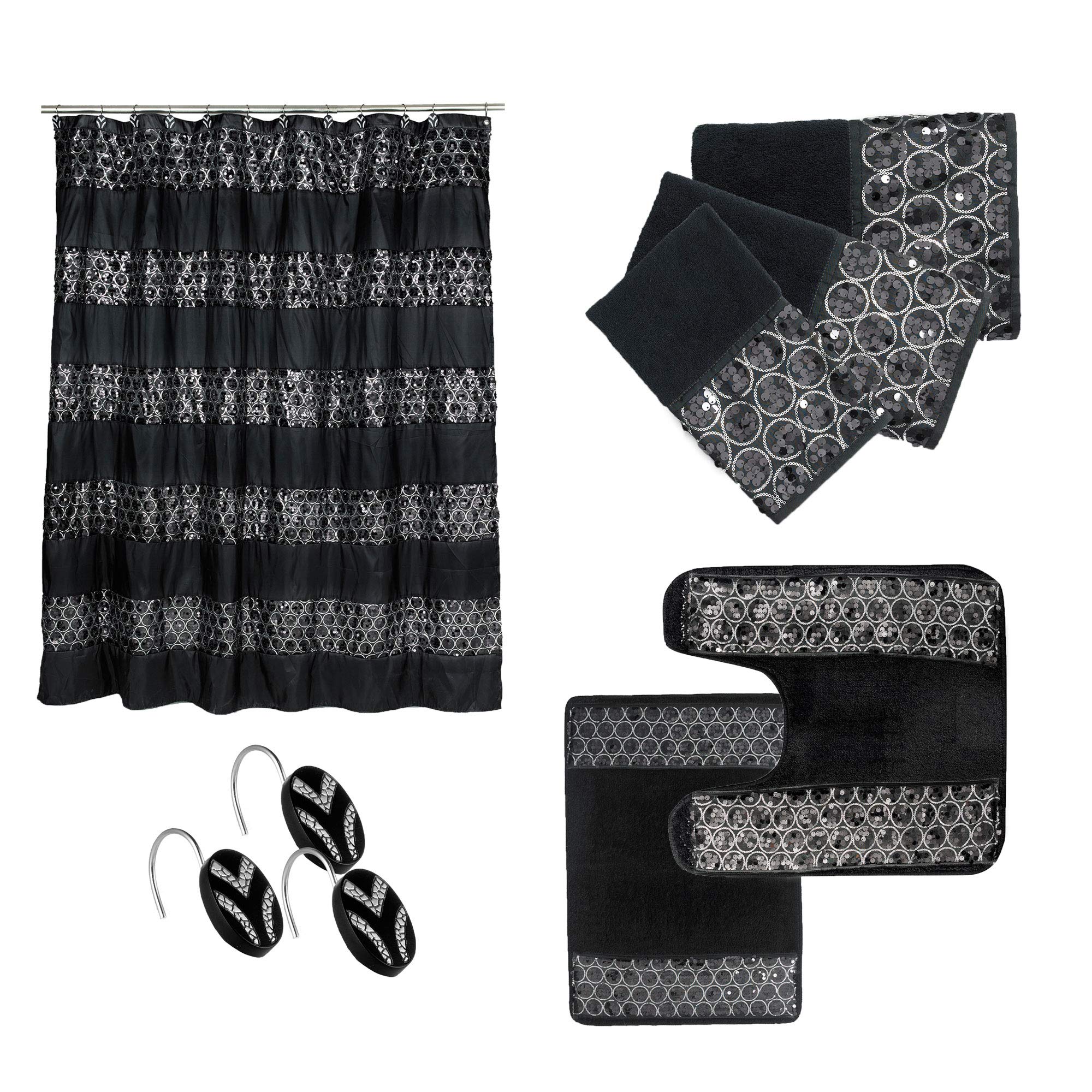 7-Piece Bathroom Accessory Set - Shower Curtain with Hooks, 3-Piece Towel Set, Contour Mat & Rug - Black - Perfect for Modern Bathroom Decor & Spa-Like Experience