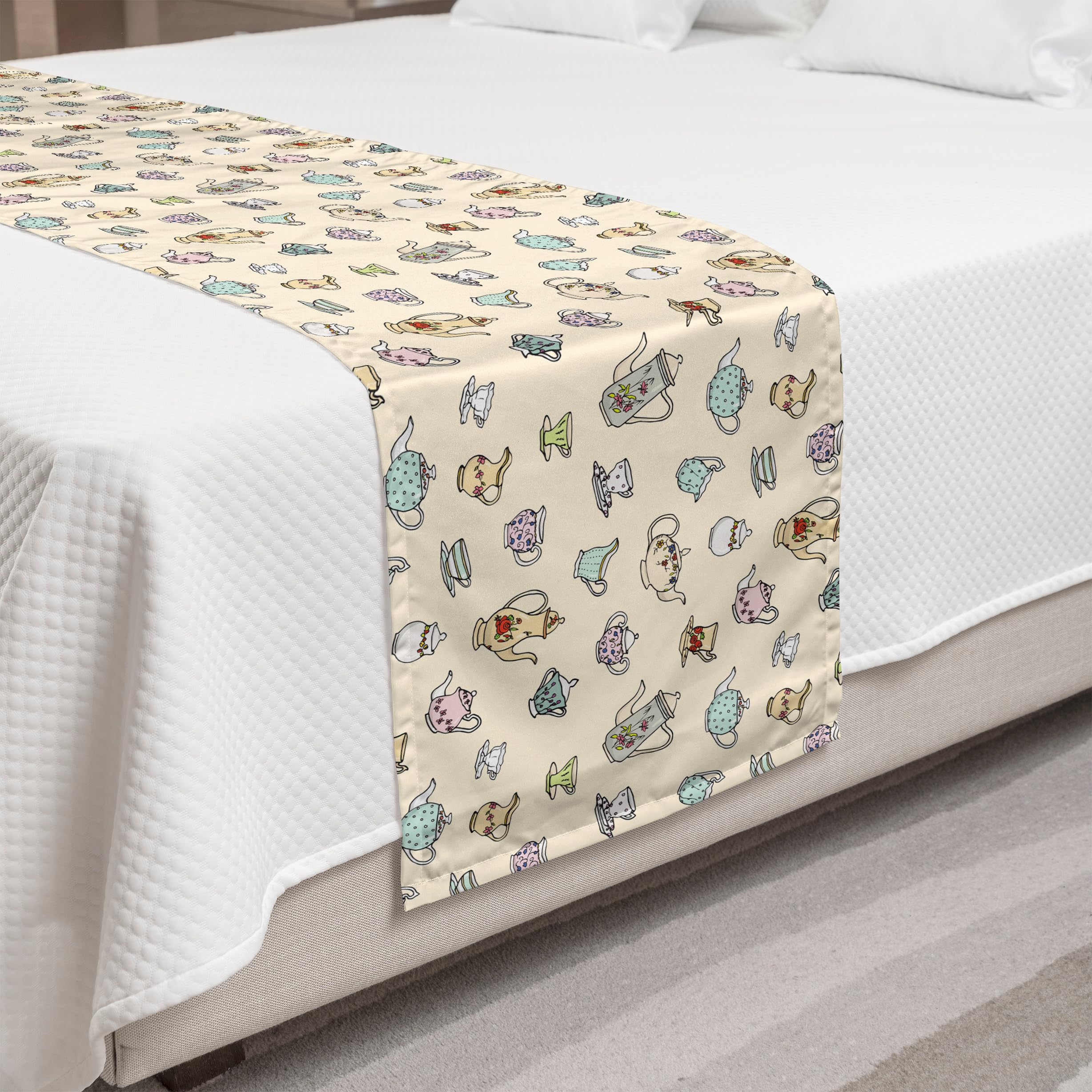 Ambesonne Vintage Tea Party Bed Runner - Floral Teapot & Cup Design, Decorative Bed Scarf for Home, Hotel & Guestroom Decor | Perfect for Afternoon Tea, Bridal Showers & Cozy Bedroom Accents