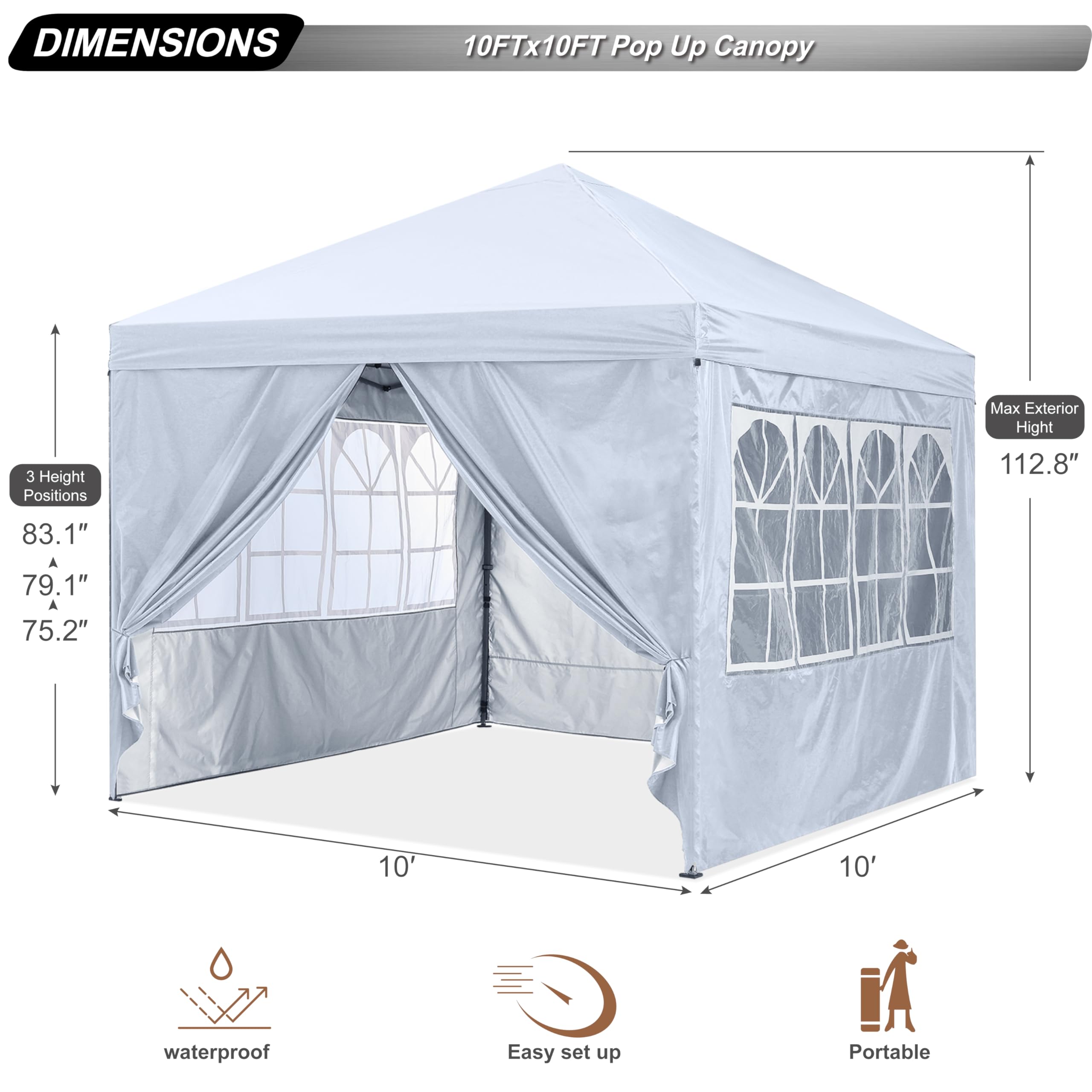 10x10 Pop Up Canopy Tent with Zippered Side Walls & Church Windows - Portable Instant Shelter for Outdoor Events, Parties, Camping - Includes 4 Weight Bags (White) | ABCCANOPY Weatherproof Gazebo for Backyard, Beach & Church Gatherings