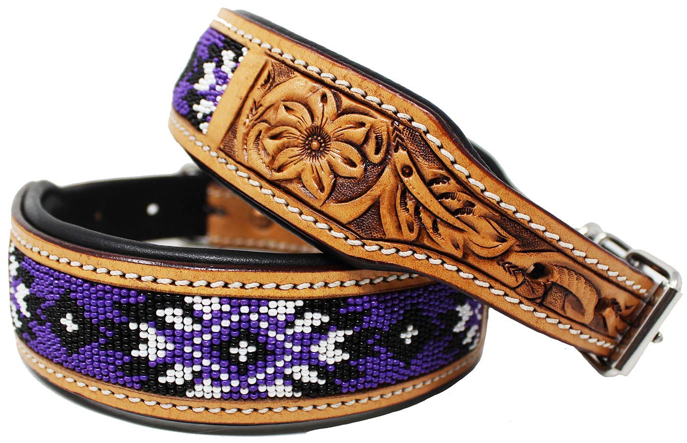 Hand-Tooled Floral Beaded Padded Leather Dog Collar - Comfortable & Stylish Pet Accessory for Walks, Training, and Everyday Wear