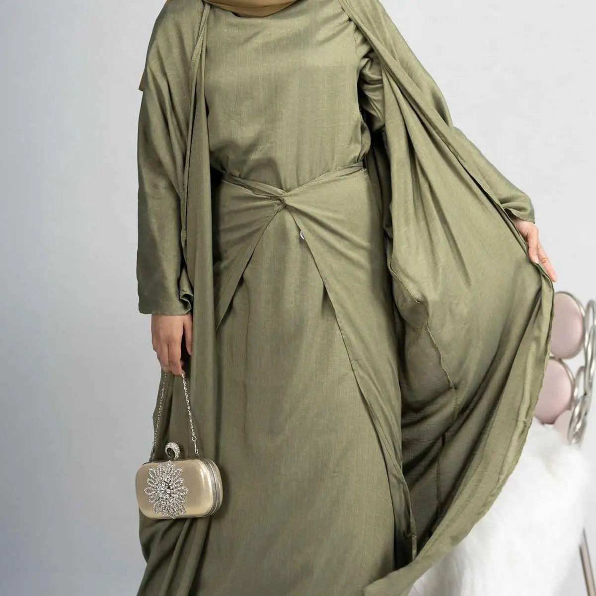 4 Piece Muslim Open Abaya Dress Set with Scarf - Modest Islamic Prayer Outfit for Women, Elegant Loose Flowing Abaya with Mid Wrap & Inner Dress - Perfect for Mosque, Eid, Ramadan & Special Occasions