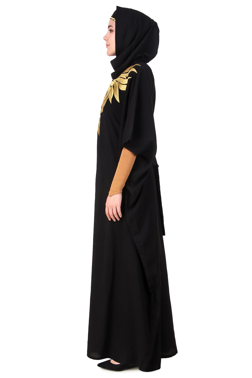 Handmade Gold Embroidered Multi-Leaf Design Kaftan Dress - Elegant Boho Chic Loungewear for Women, Perfect for Beach Cover-ups, Resort Wear & Summer Evenings