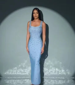 Black & Sky Blue Women's Sleeveless Sexy O-Neck Crystal Bodycon Bandage Long Dress - Perfect for Nightclub Parties, Evening Events & Special Occasions