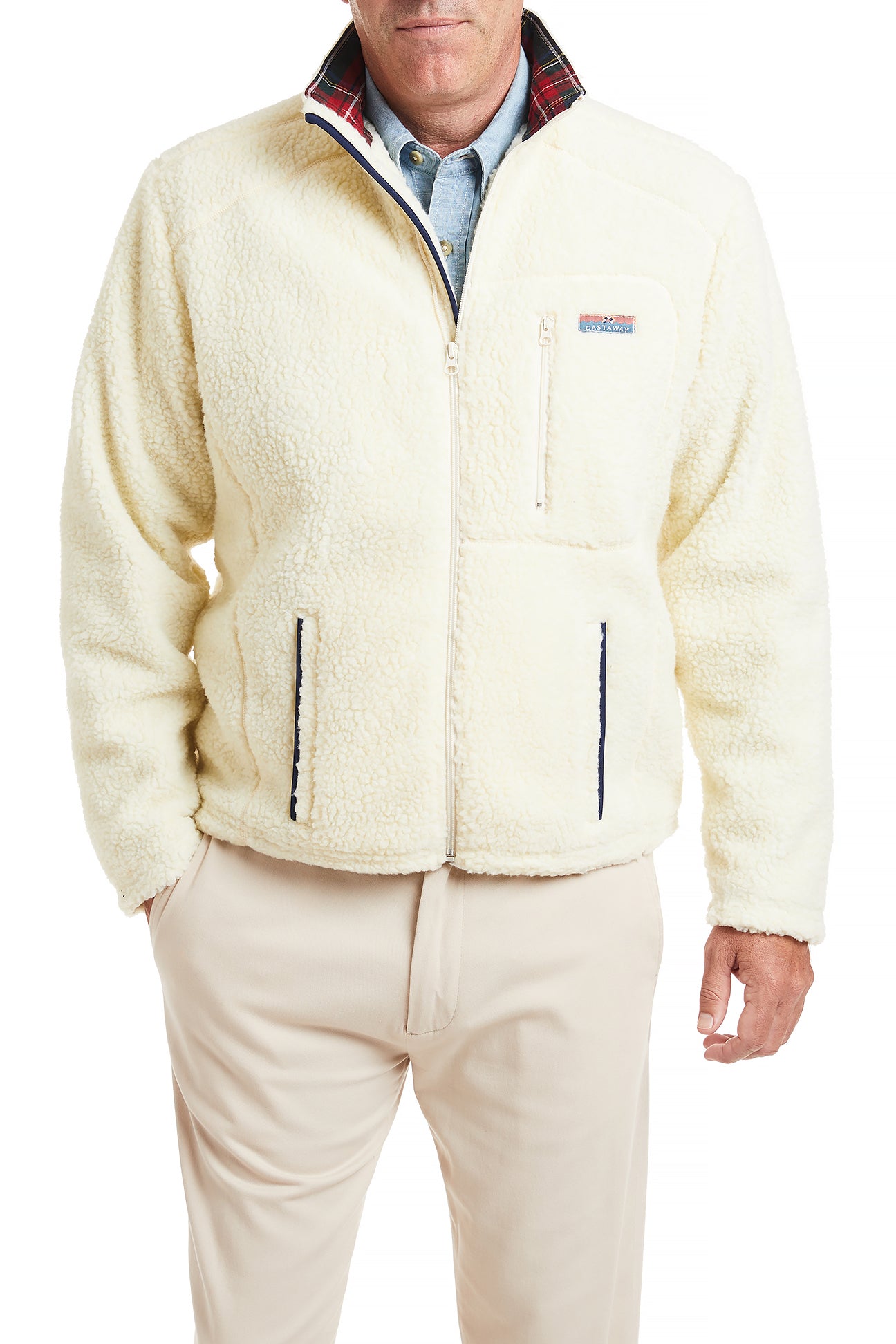 Sherpa Jacket for Women - Ivory Fleece Coat with Black Stewart Plaid Lining | Warm Winter Outerwear for Hiking, Camping & Casual Wear