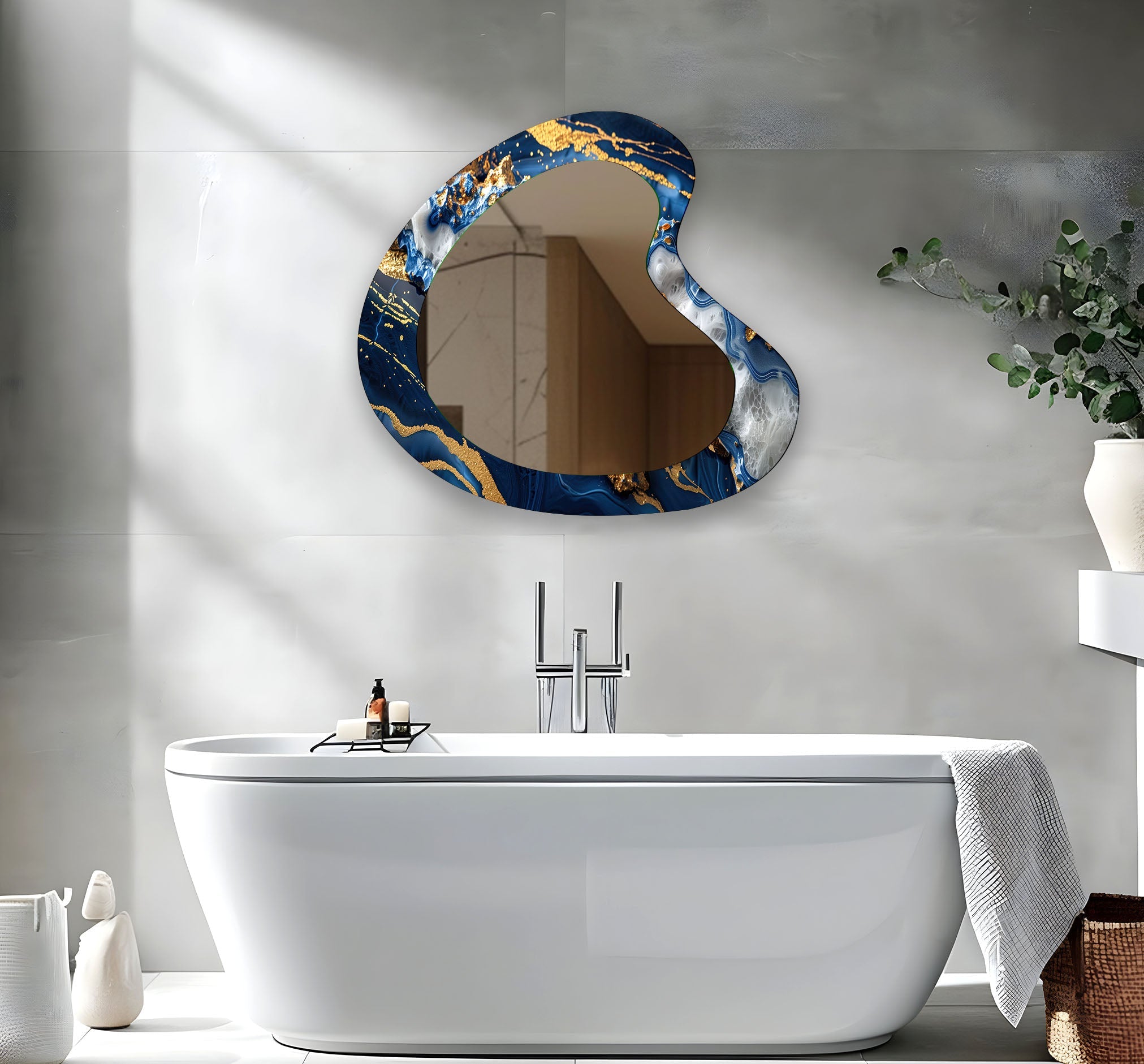 Blue & Gold Marble Irregular Wall Mirror - Modern Decorative Mirror for Living Room, Bedroom, Entryway | Unique Home Decor Accent Piece
