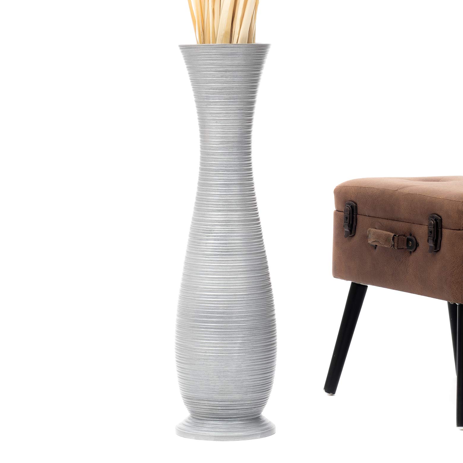 Leewadee 28 Inch Large Silver Floor Vase - Farmhouse Decor Wooden Flower Vase for Fake Plants, Pampas Grass & Home Decor | Perfect for Living Room, Bedroom & Entryway Decor