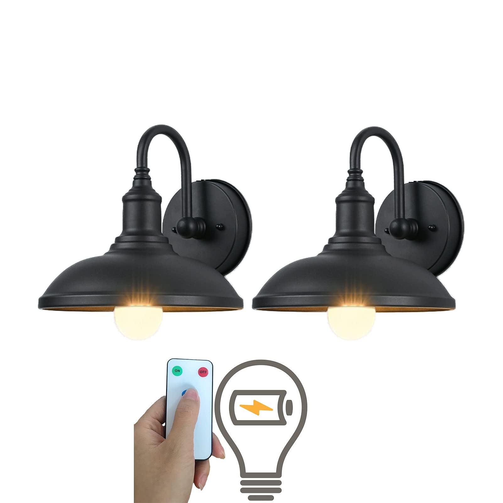 Civaza 2 Pack Industrial Black Wall Lamp - LED Remote Control, Battery Operated, Wireless Dimmable Wall Sconce Light Fixture for Bedroom, Loft, Living Room - Perfect for Ambient Lighting & Wall Decor (Bulbs Included)