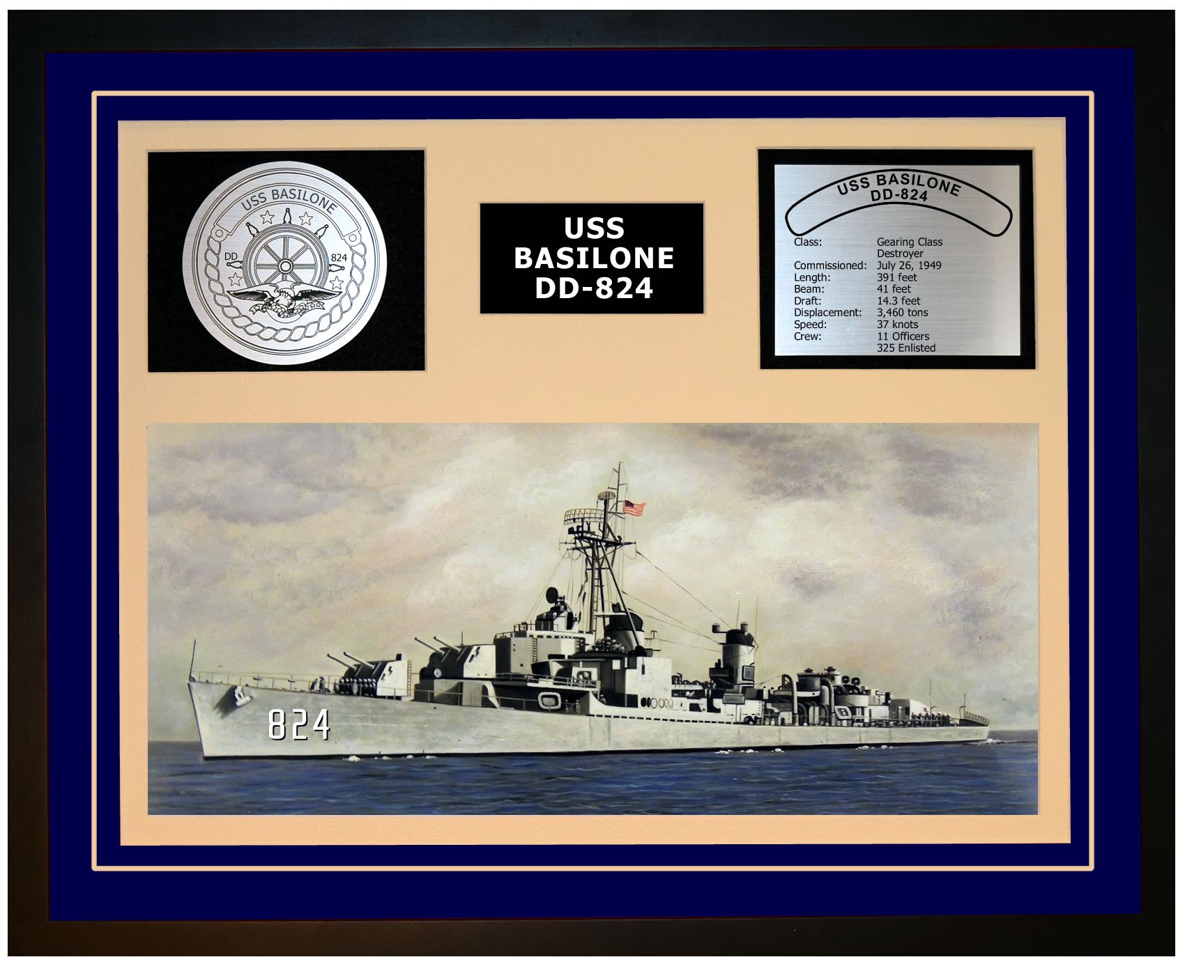 USS Basilone DD 824 Navy Ship Model - Framed Blue Display for Home & Office Decor | Military Collectible Gift for Veterans & History Enthusiasts