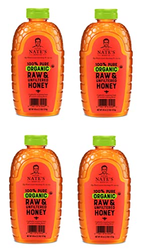 100% Pure Organic Raw Unfiltered Honey - 4 Bottles (40 oz Each, 2.5 lb Total) by NAT'S HOMEY CO. - Includes Free 6