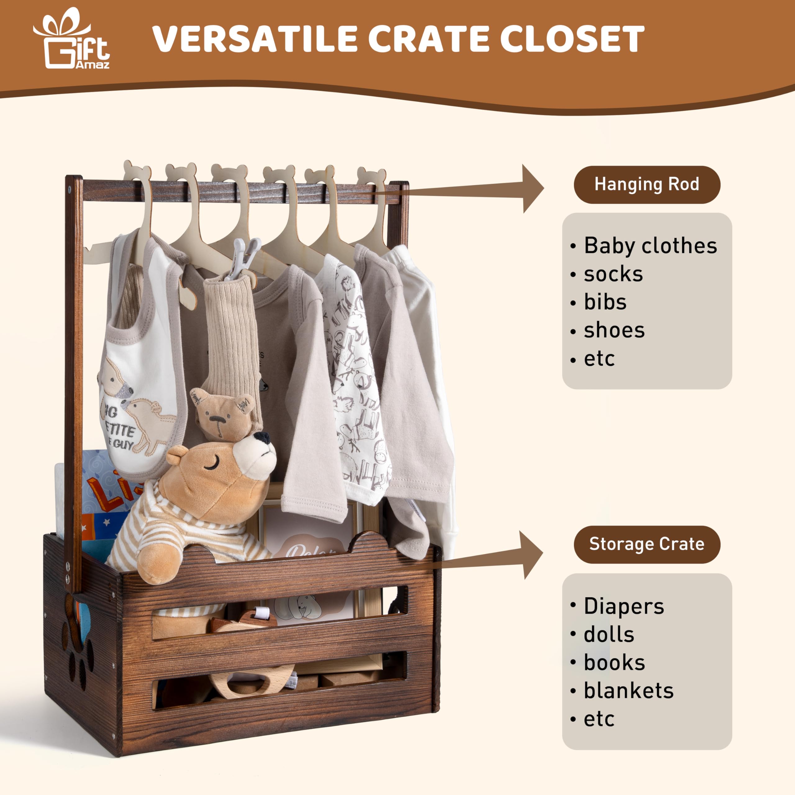 GiftAmaz Brown Wooden Baby Shower Storage Crate with Handle - Newborn Baby Shower Gift Basket for Boys & Girls - Pregnancy Welcome Box for New Parents - Perfect for Nursery Organization & Baby Essentials Storage