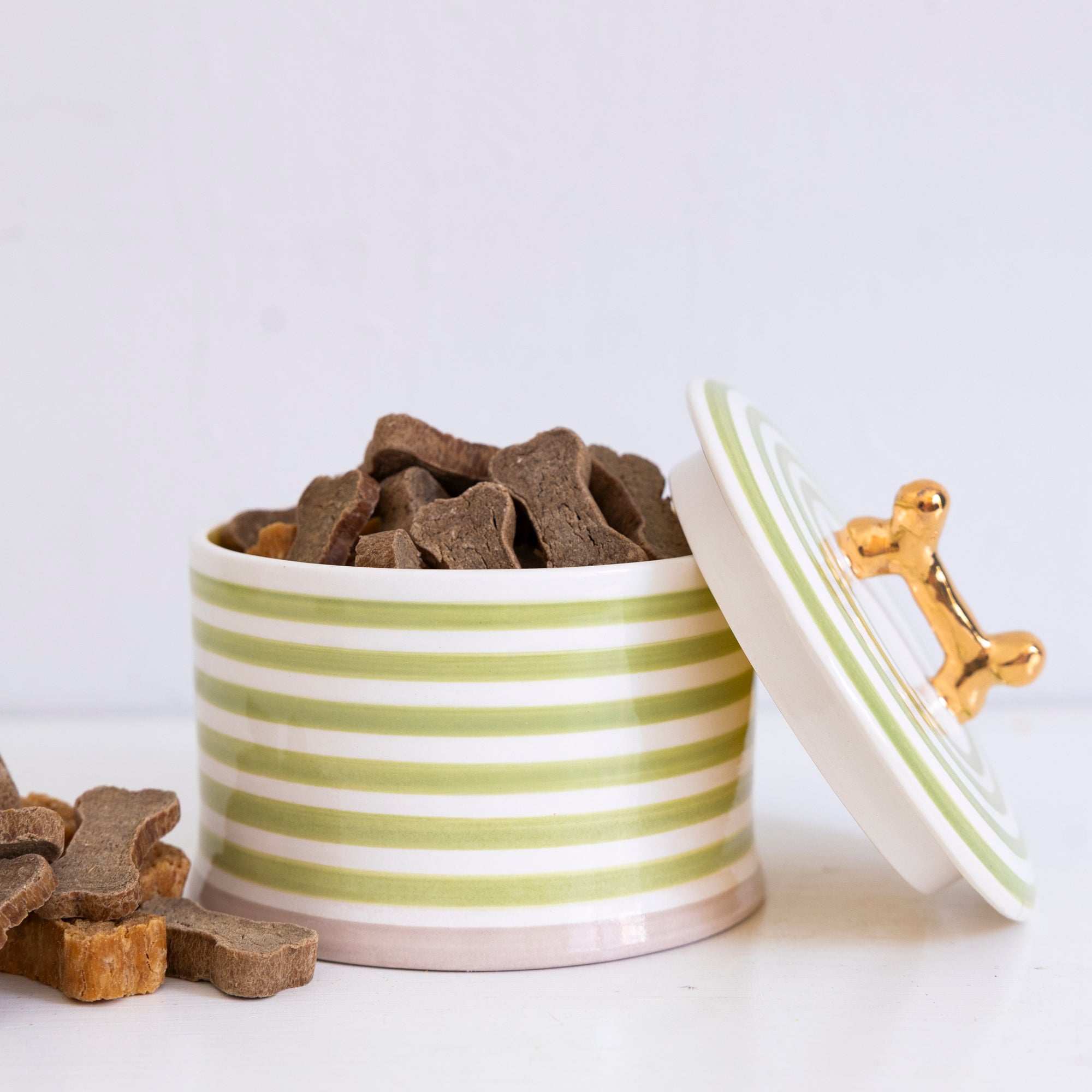 Jill Rosenwald X Polkadog Bone Jar Pear - Stylish Ceramic Pet Treat Storage Container for Dogs - Perfect for Kitchen Countertop or Pantry Organization