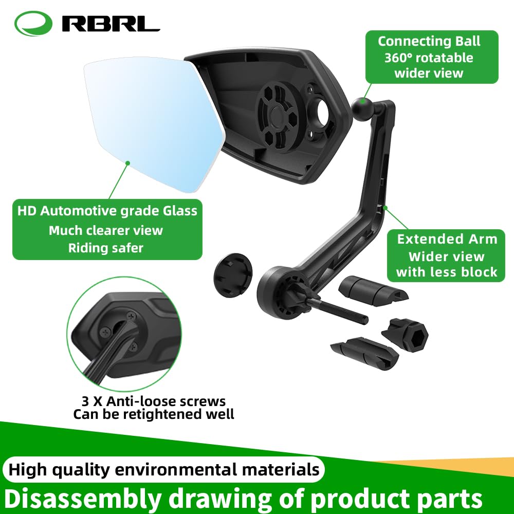 RBRL Bike Mirror Bar End - Rotatable Bicycle Side Mirror with Automotive Grade Glass | Universal Scratch-Resistant Rearview Mirror for Mountain Bikes, E-Bikes & Road Bikes (Left) | Perfect for Safe Cycling & Commuting
